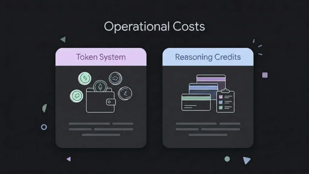 Dark mode SaaS UI illustration showing token system and reasoning credit cards