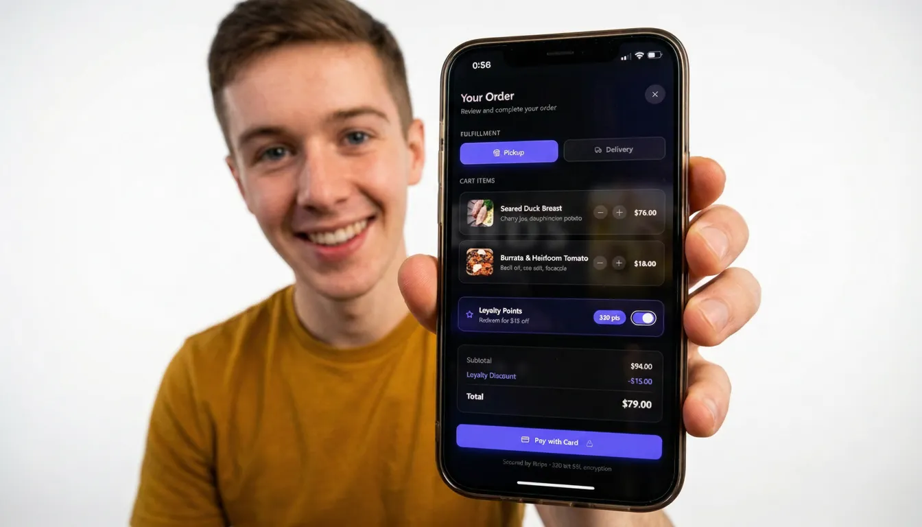 Smiling man holding a smartphone displaying a food ordering app's checkout order summary screen.