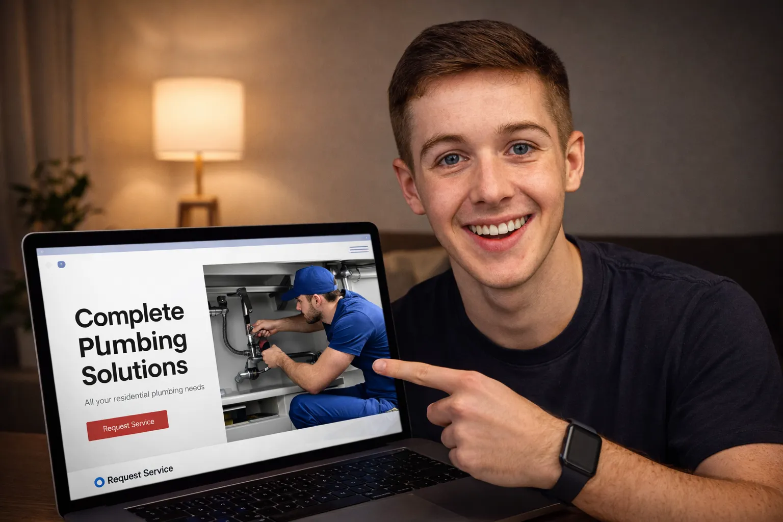Man promoting plumbing services on laptop.