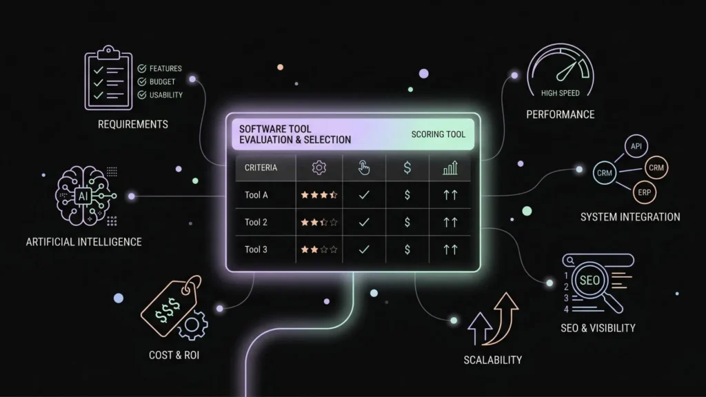 Dark mode conceptual illustration of pastel icons surrounding a software evaluation board.