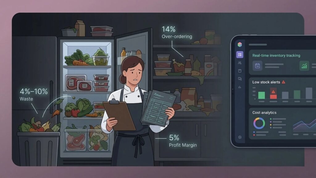 stressed chef managing food waste and over ordering statistics