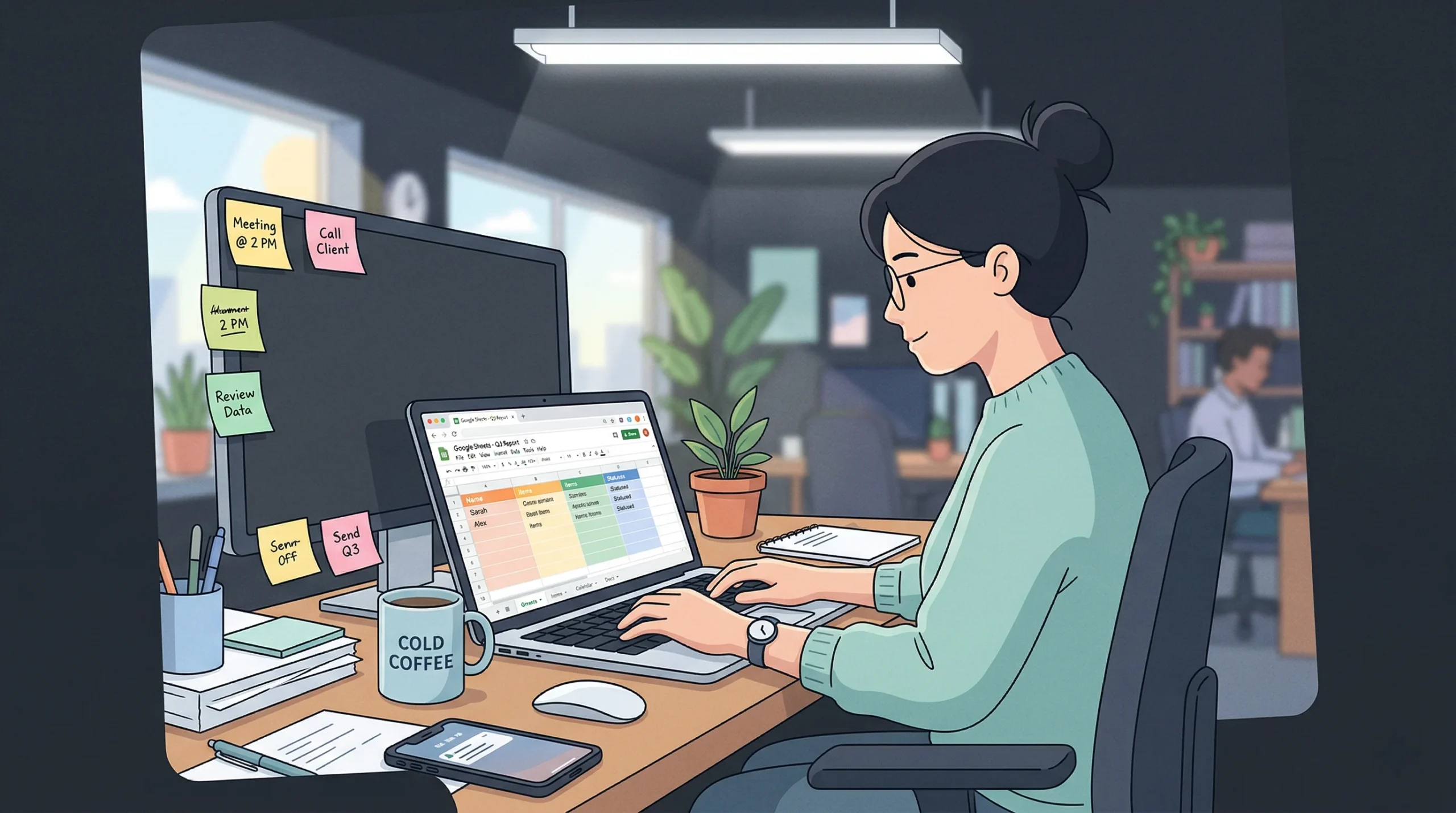 The text within the image consists of various work-related reminders and analytics data. Sticky notes on the monitor list tasks such as a "Meeting @ 2 PM," an "Important!" reminder, "Review Data," "Call Client," keeping "Server OFF," and "Send Q3." A nearby mug clearly states "COLD COFFEE." Finally, the laptop screen displays a "Google Analytics" dashboard featuring standard metrics like "Pageviews," "Bounce Rate," and a breakdown of "Sessions by device category" for "Mobile," "Desktop," and "Tablet."