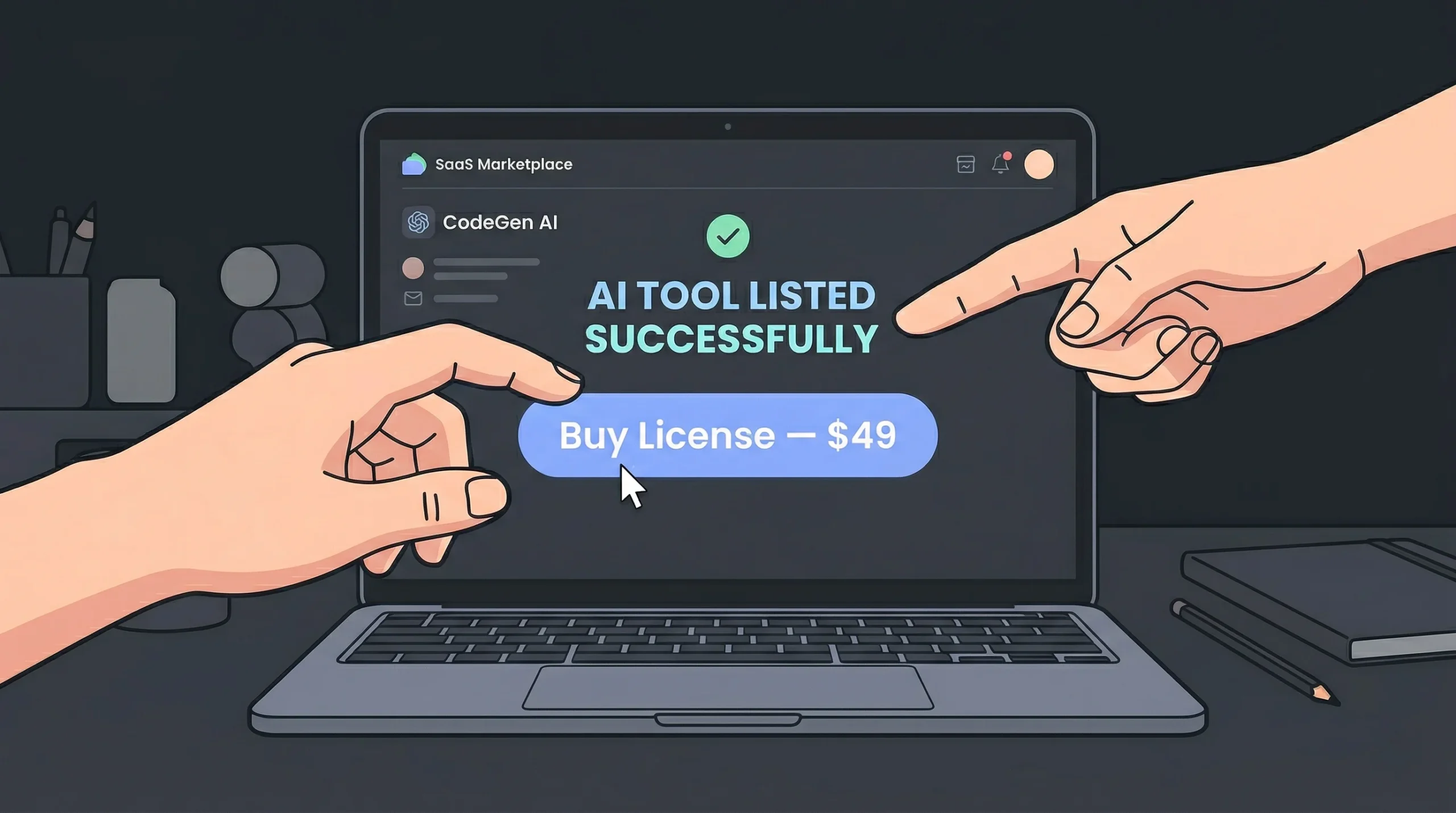 The laptop screen displays a large green confirmation headline that reads "AI TOOL LISTED SUCCESSFULLY." This pertains to a tool called "CodeGen AI," which is shown on a "SaaS Marketplace" platform. Below the main message, a prominent blue button is labeled "Buy License — $49."