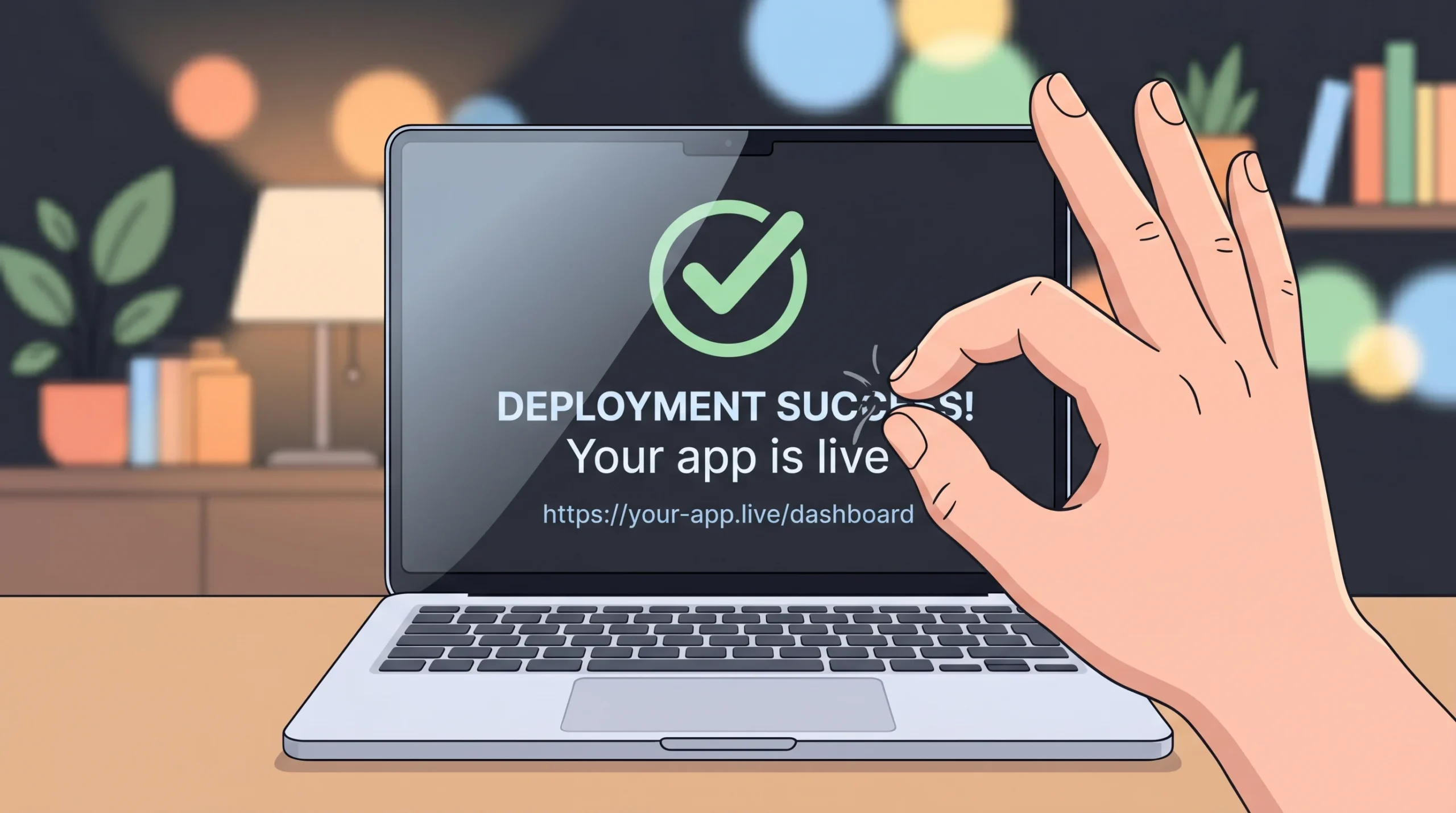 Laptop screen showing a green checkmark deployment success message reading "Your app is live" with a live URL displayed below