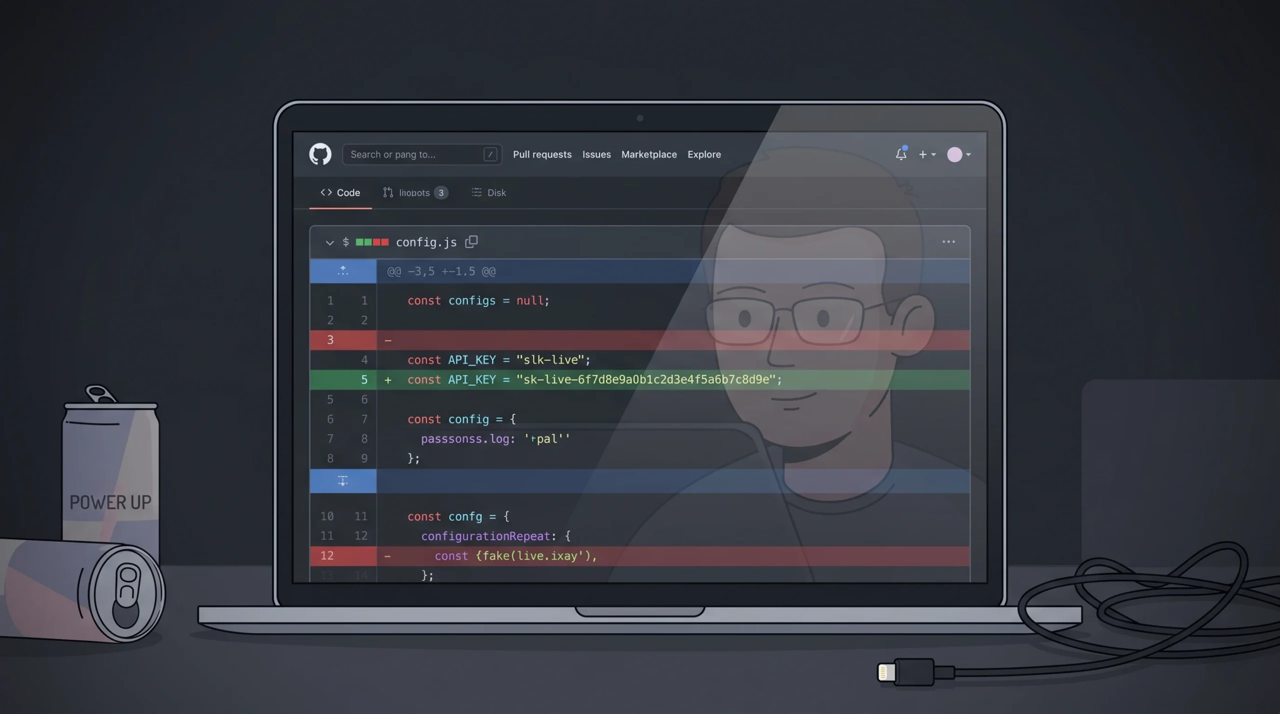 Laptop screen showing a GitHub code commit with an accidentally exposed API key in a config file