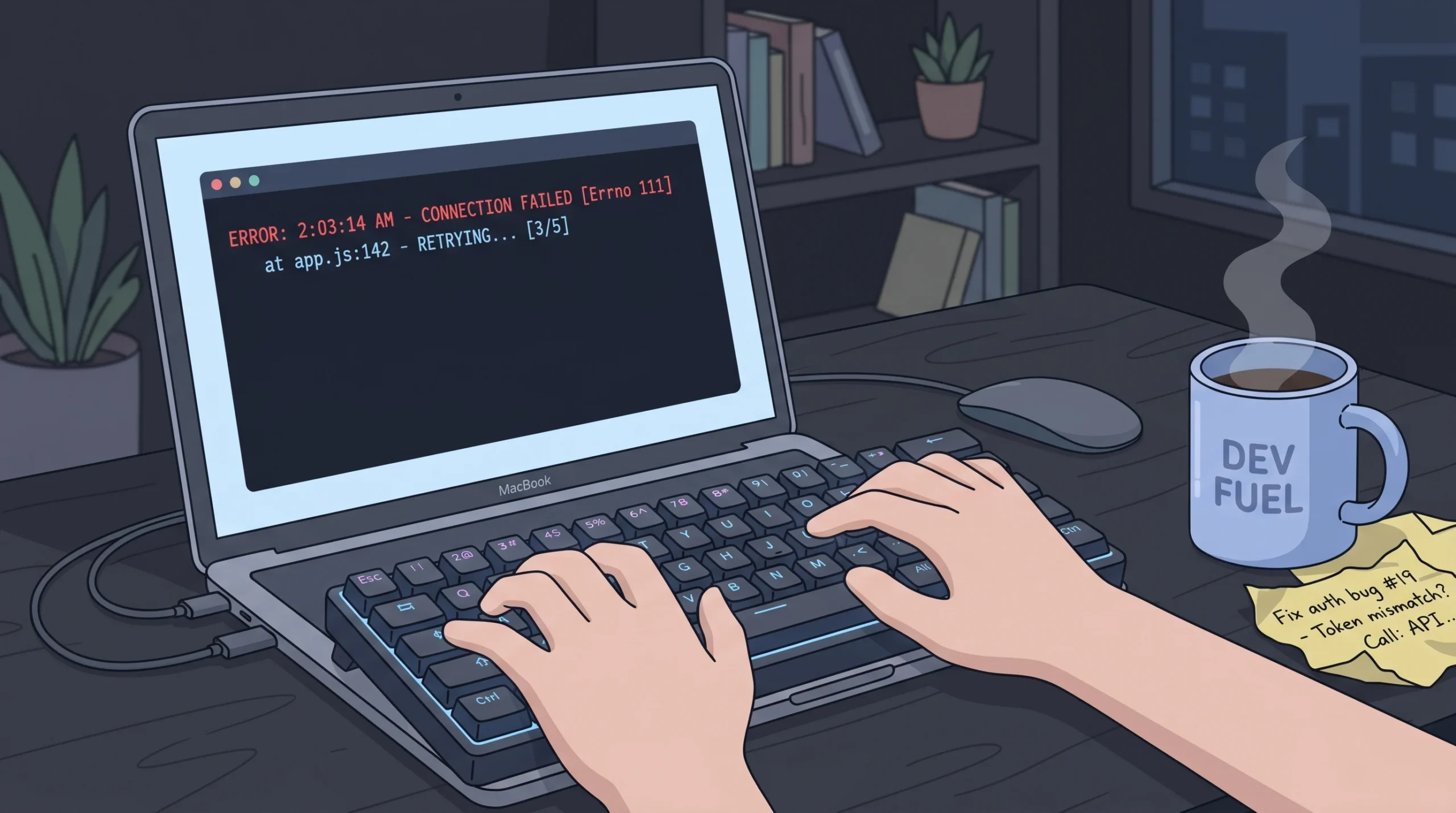 A developer typing frantically on a laptop late at night after discovering an API key leak, coffee mug and sticky notes on desk