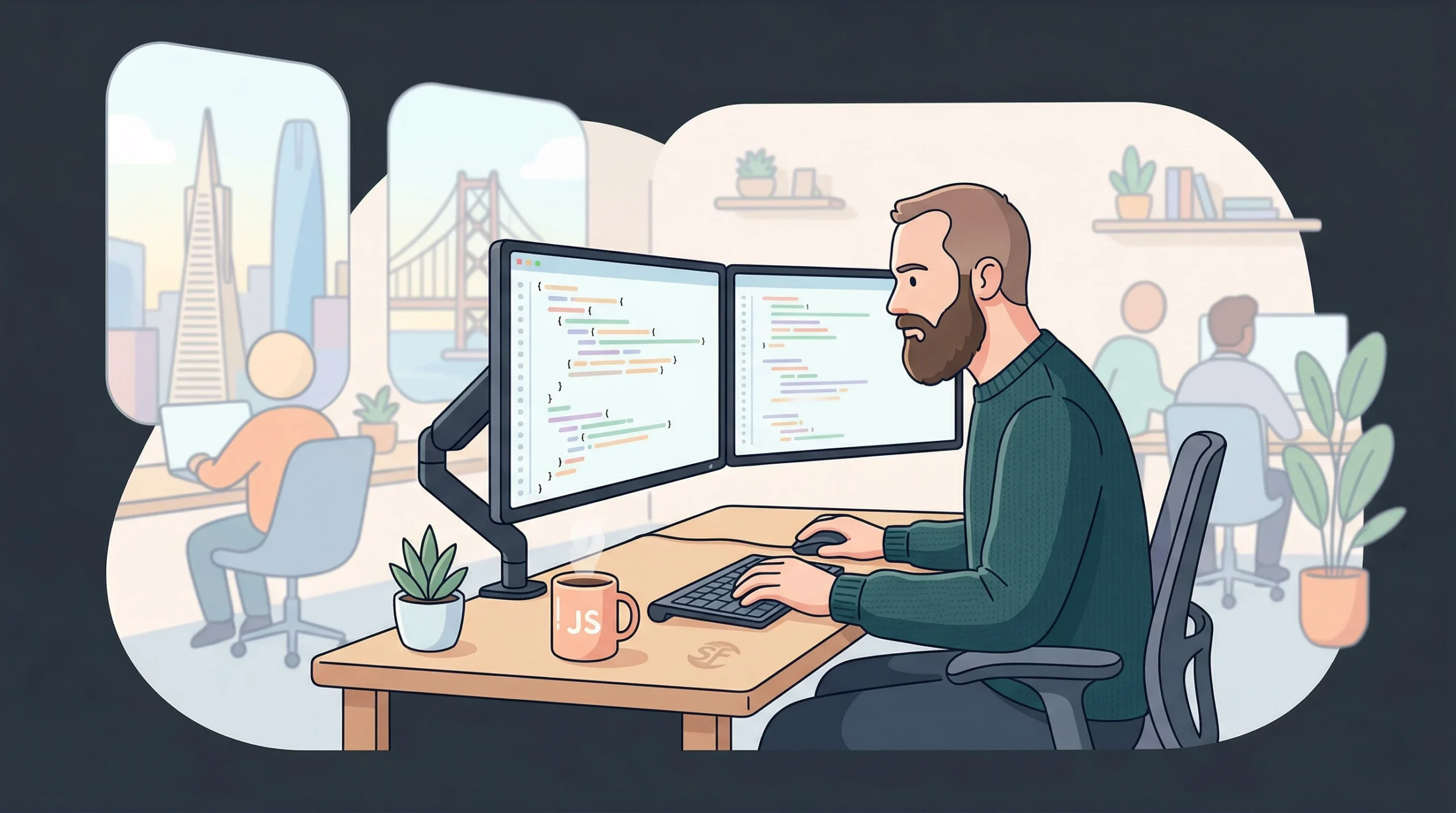 A focused software engineer reviewing code on dual monitors at a modern co-working space, representing imagine.bo's Hire a Human feature connecting vetted engineers to stuck founders