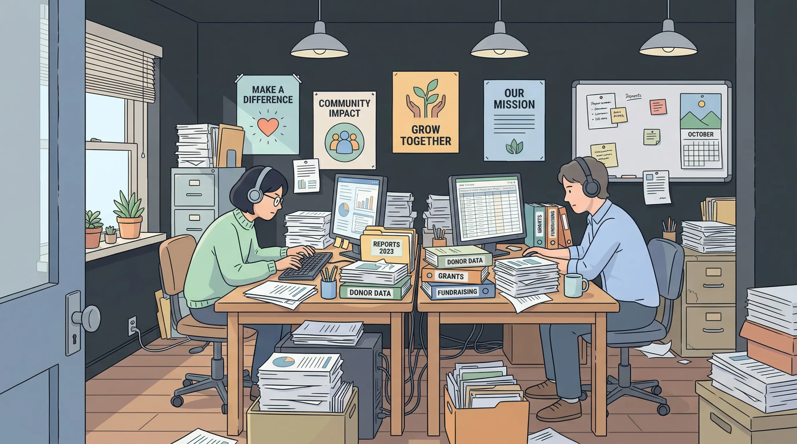 The walls of the office feature motivational posters reading "MAKE A DIFFERENCE," "COMMUNITY IMPACT," "GROW TOGETHER," and "OUR MISSION," while a whiteboard calendar displays the month of "OCTOBER." The workers' desks are cluttered with various labeled files and binders, specifically highlighting "REPORTS 2023," "GRANTS," "FUNDRAISING," and stacks of "DONOR DATA."