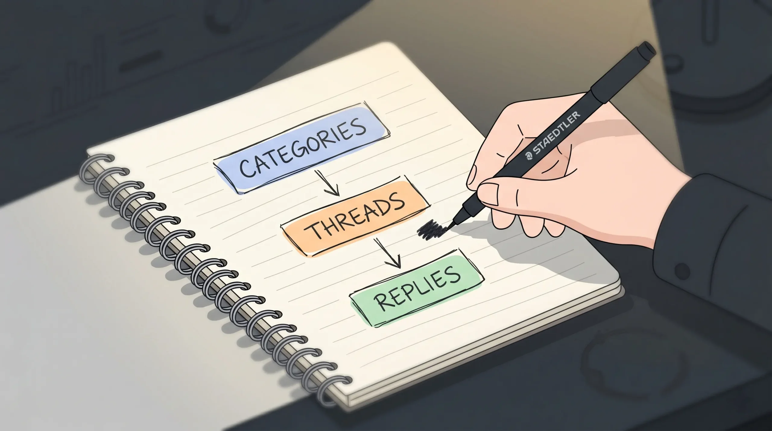 Hand-drawn diagram in a notebook showing the three-level forum hierarchy Categories, Threads, and Replies connected by arrows