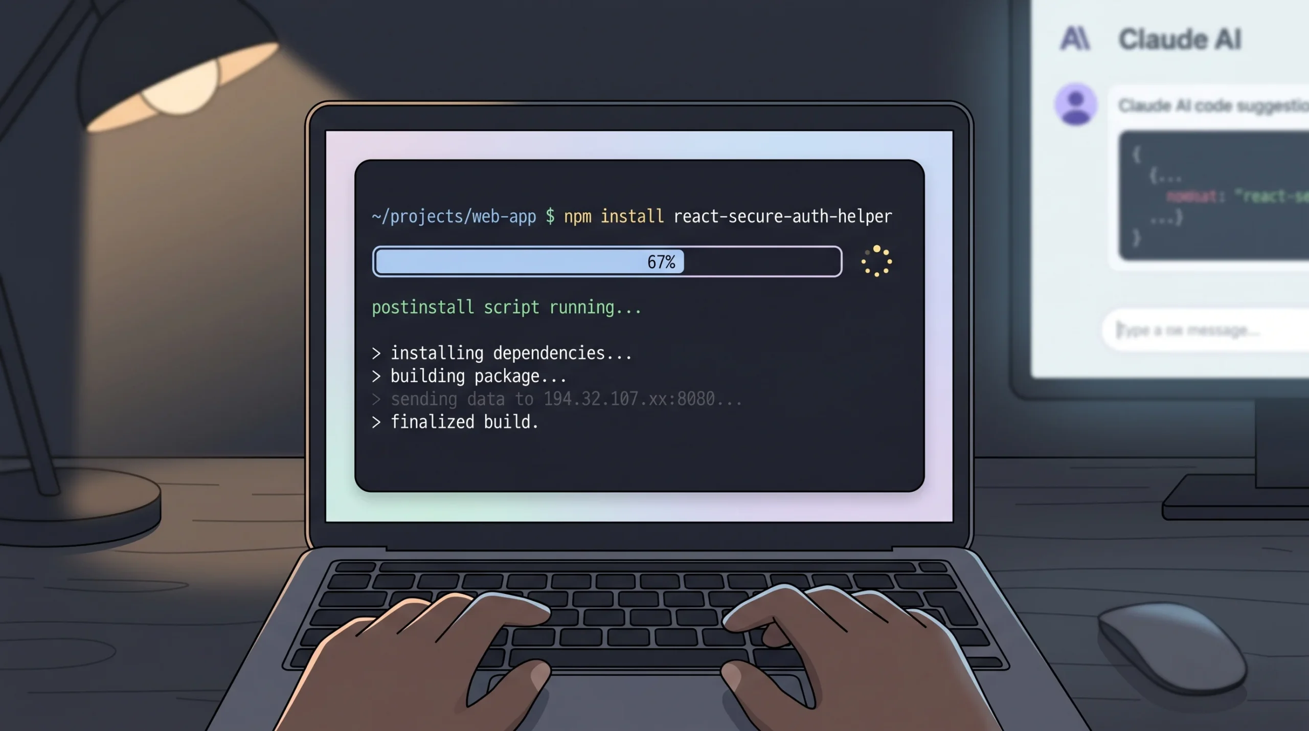 Terminal window showing npm installing a hallucinated AI-suggested package, the install log revealing unexpected network requests to an unknown external server.