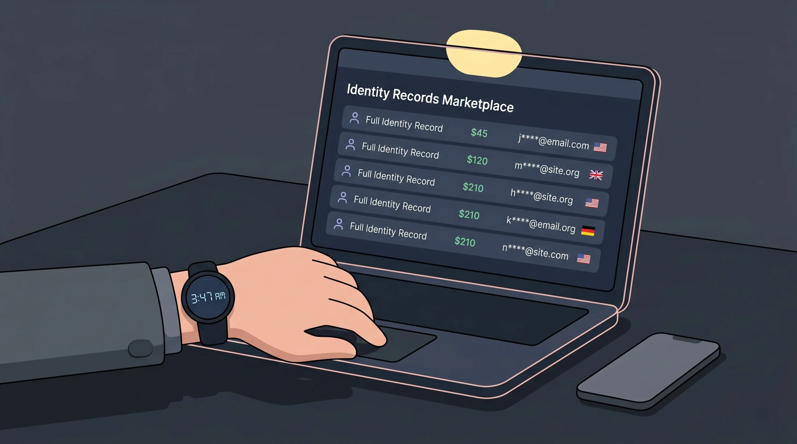 Underground dark web marketplace interface on a screen showing stolen identity records listed for sale with prices in cryptocurrency.
