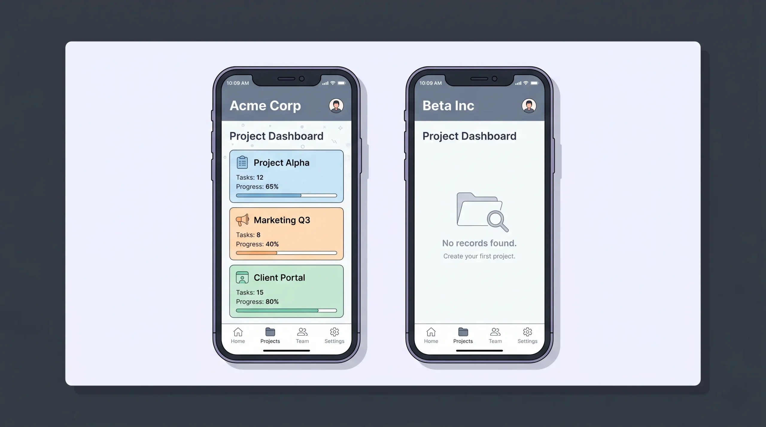 Two mobile app project dashboards displayed.