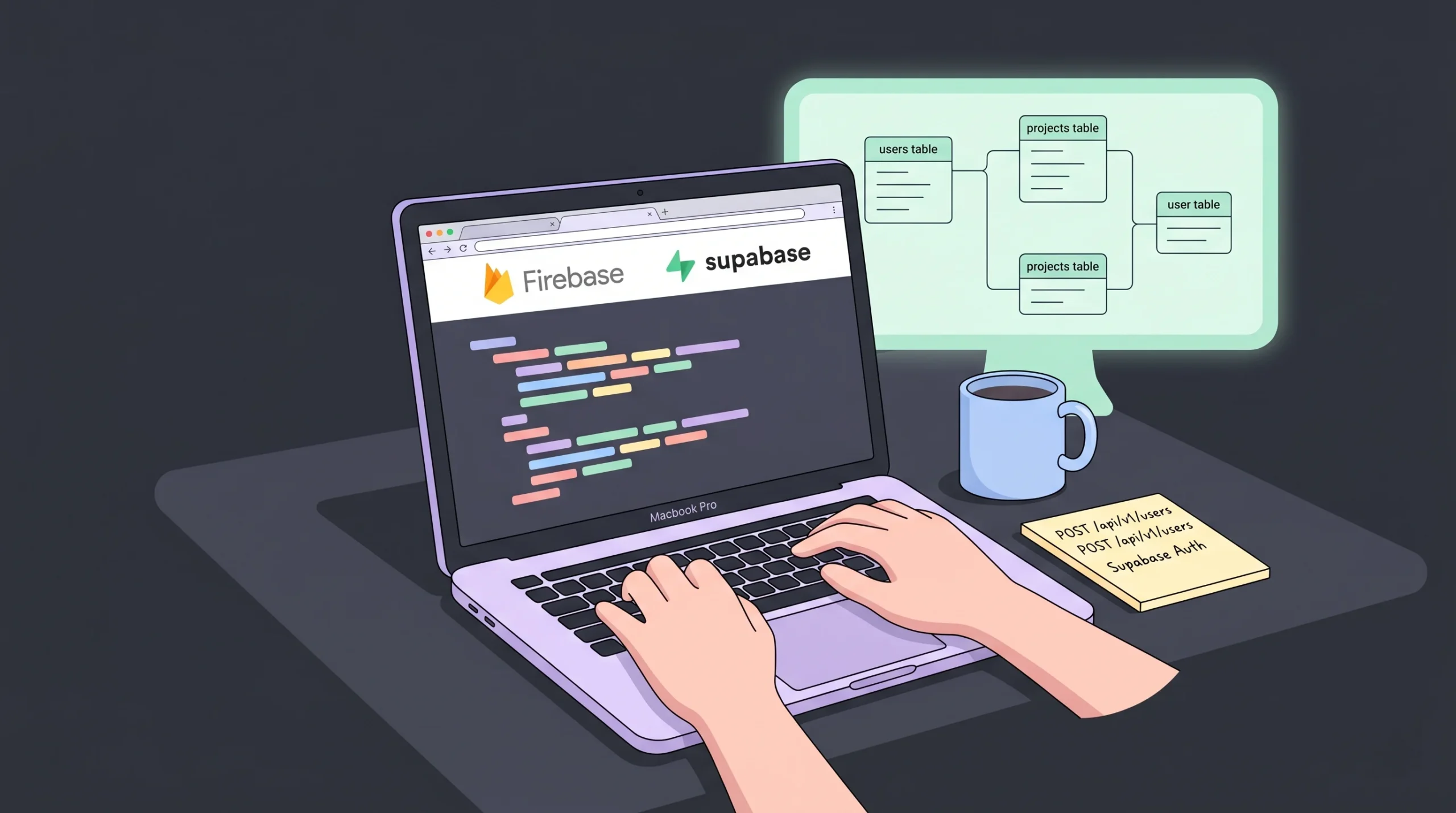 Developer typing backend code on MacBook Pro comparing Firebase alternatives in 2026