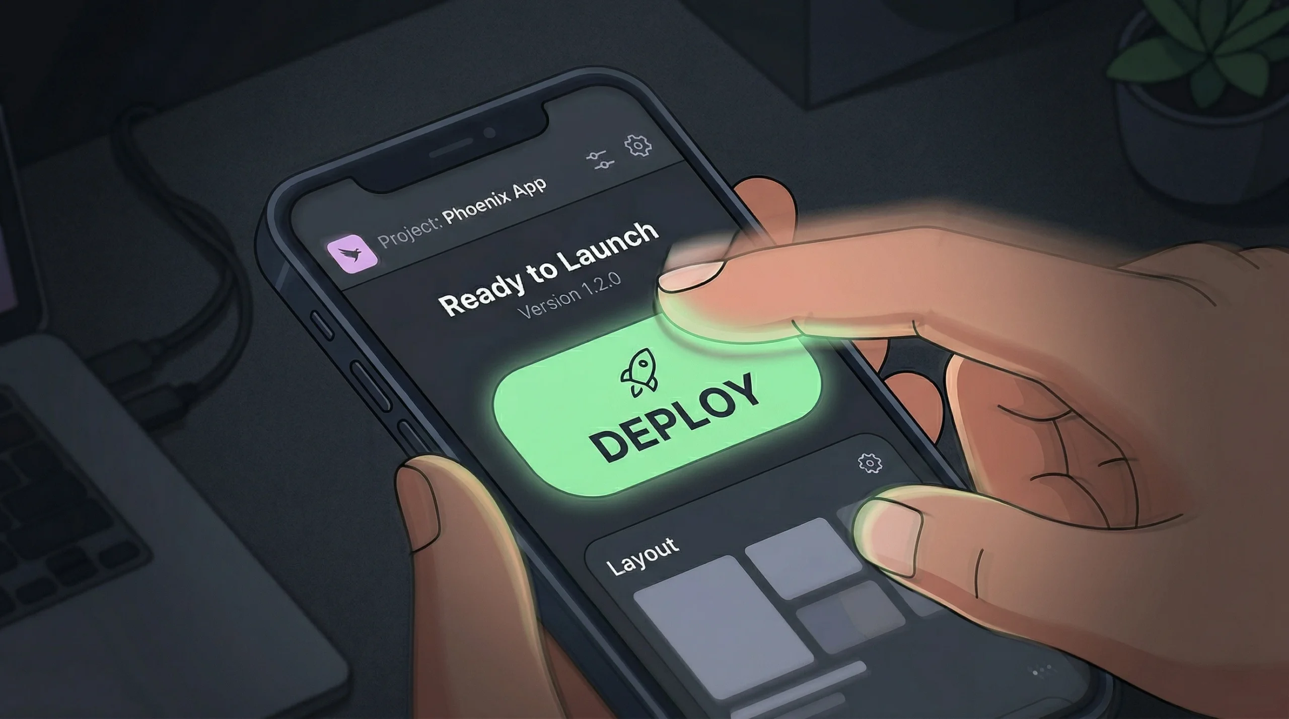 A phone screen displays text related to "Project: Phoenix App". It prominently features the phrase "Ready to Launch" alongside the specific "Version 1.2.0". A large green button contains the single word "DEPLOY". Below this, the text "Layout" is visible, and three small dots appear in the bottom right corner of the interface.