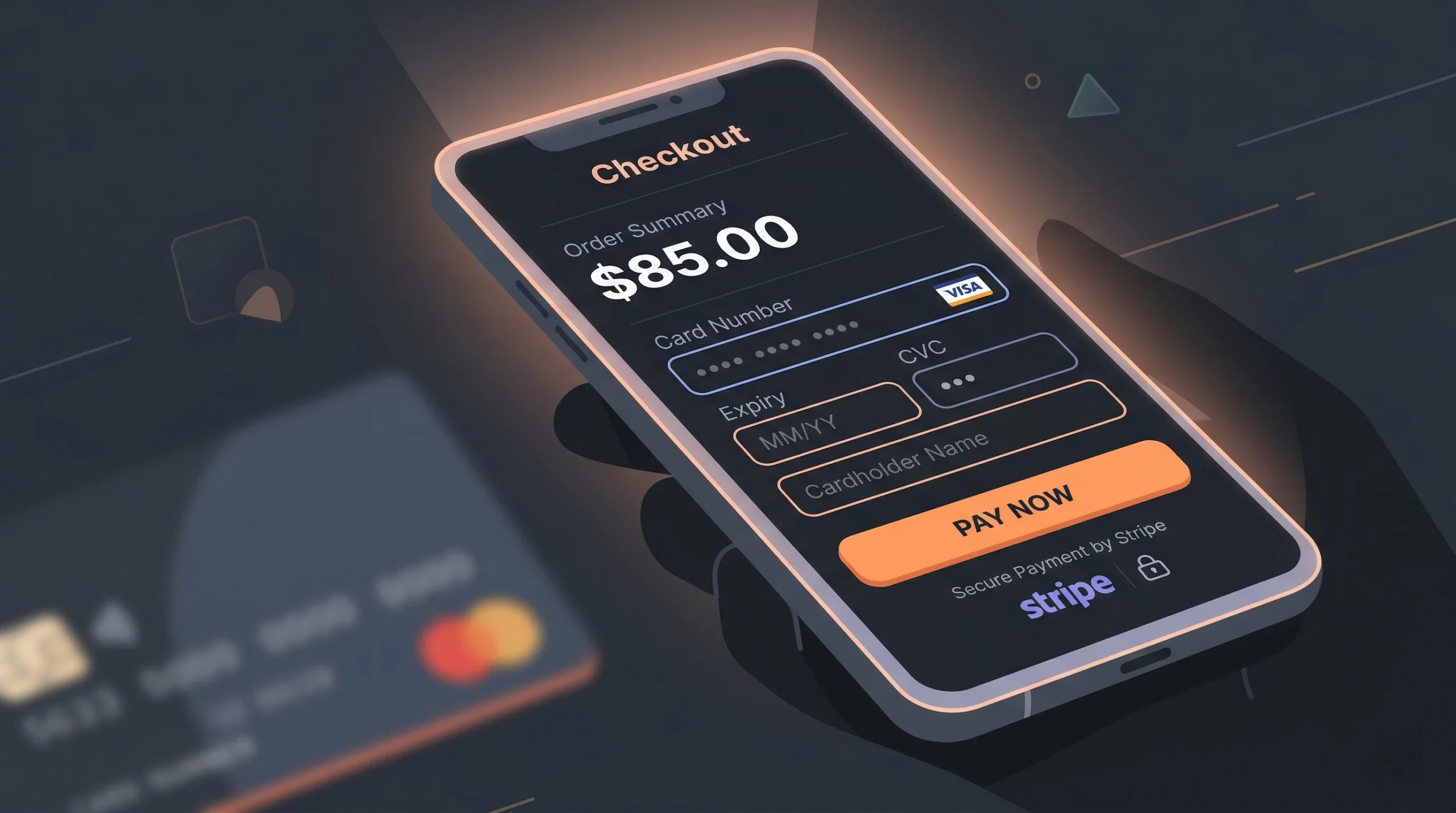 The text on the phone screen begins with the header "Checkout," followed by an "Order Summary" showing a total of "$85.00." Below this are standard payment fields: "Card Number" with placeholder dots and a "VISA" indicator, "Expiry" with "MM/YY," "CVC" with placeholder dots, and a "Cardholder Name" field. At the bottom, there is an orange "PAY NOW" button, concluding with "Secure Payment by Stripe" and the "stripe" logo.