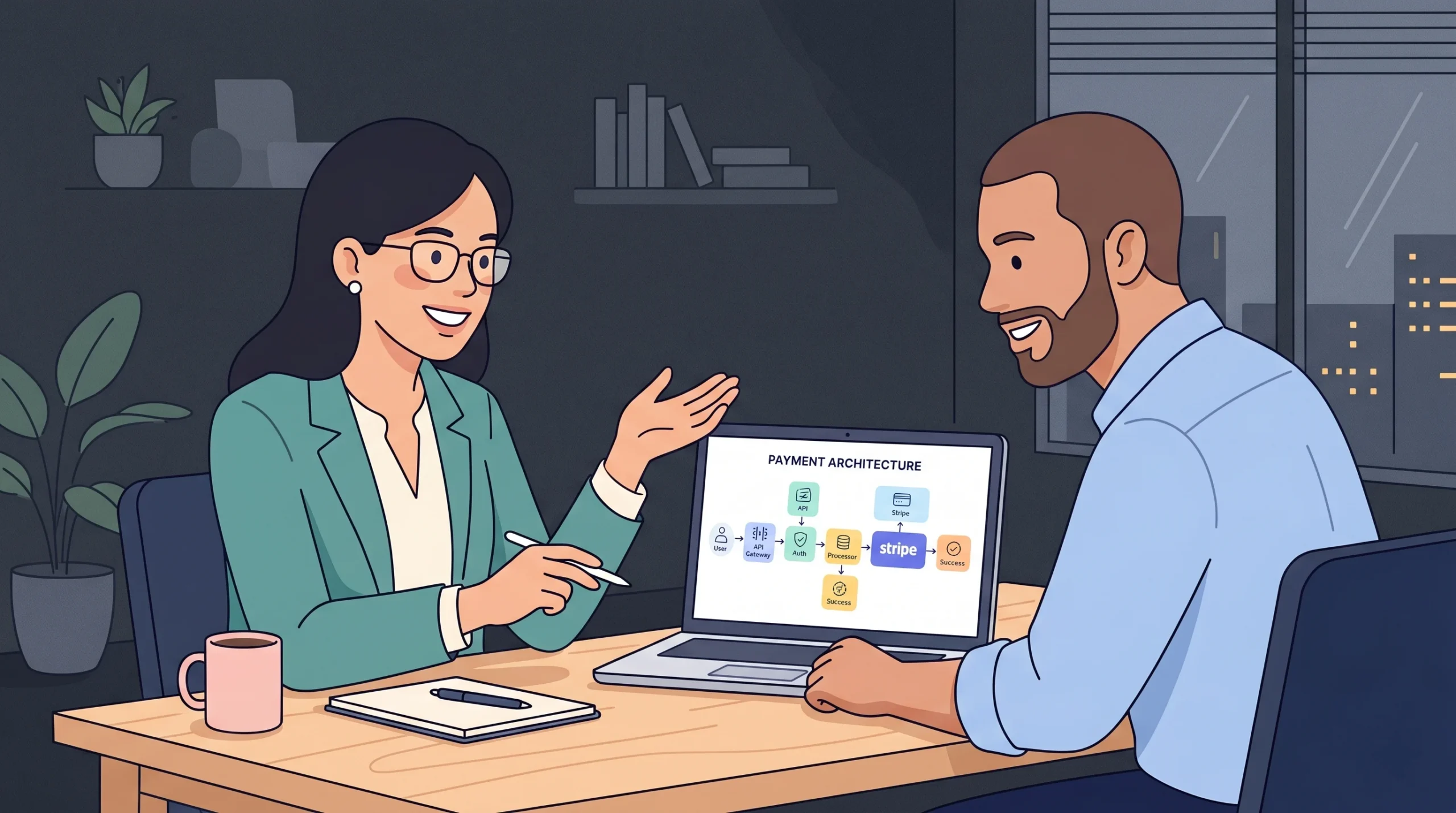 Founder collaborating with developer for complex Stripe payment integration setup