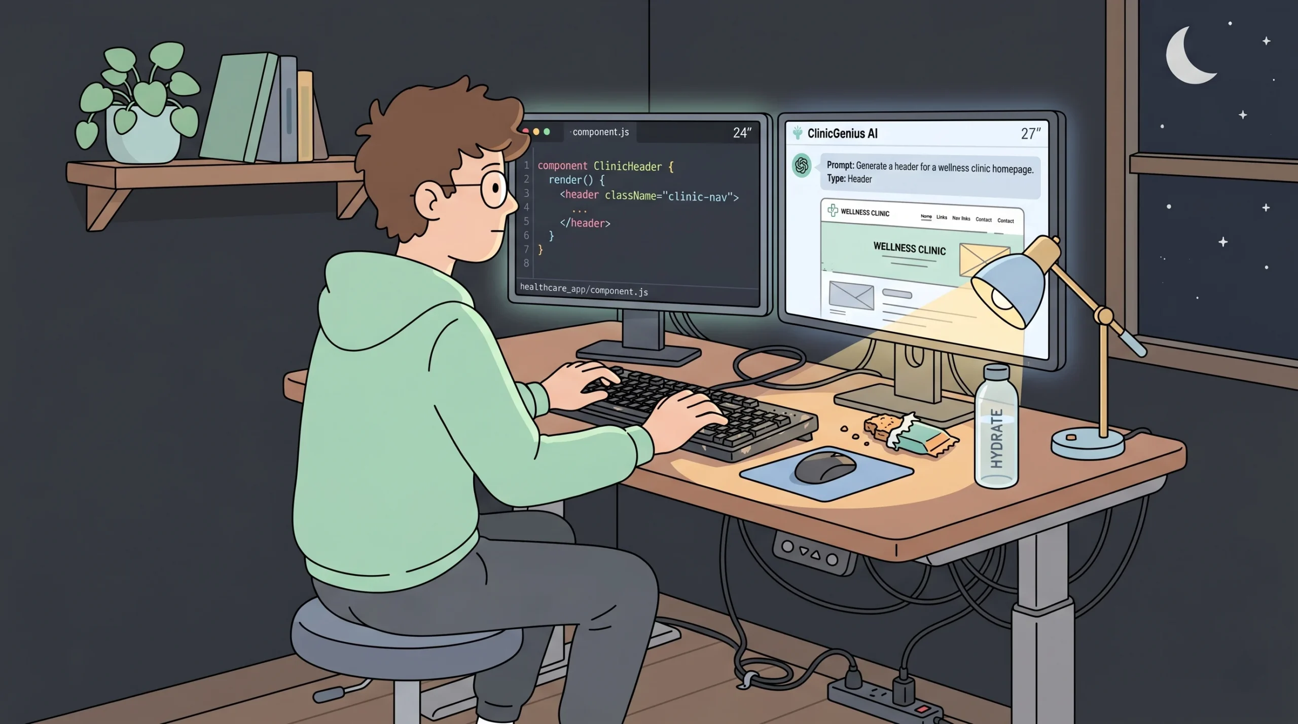 Developer using an AI website builder to create a medical practice website in a home office at night