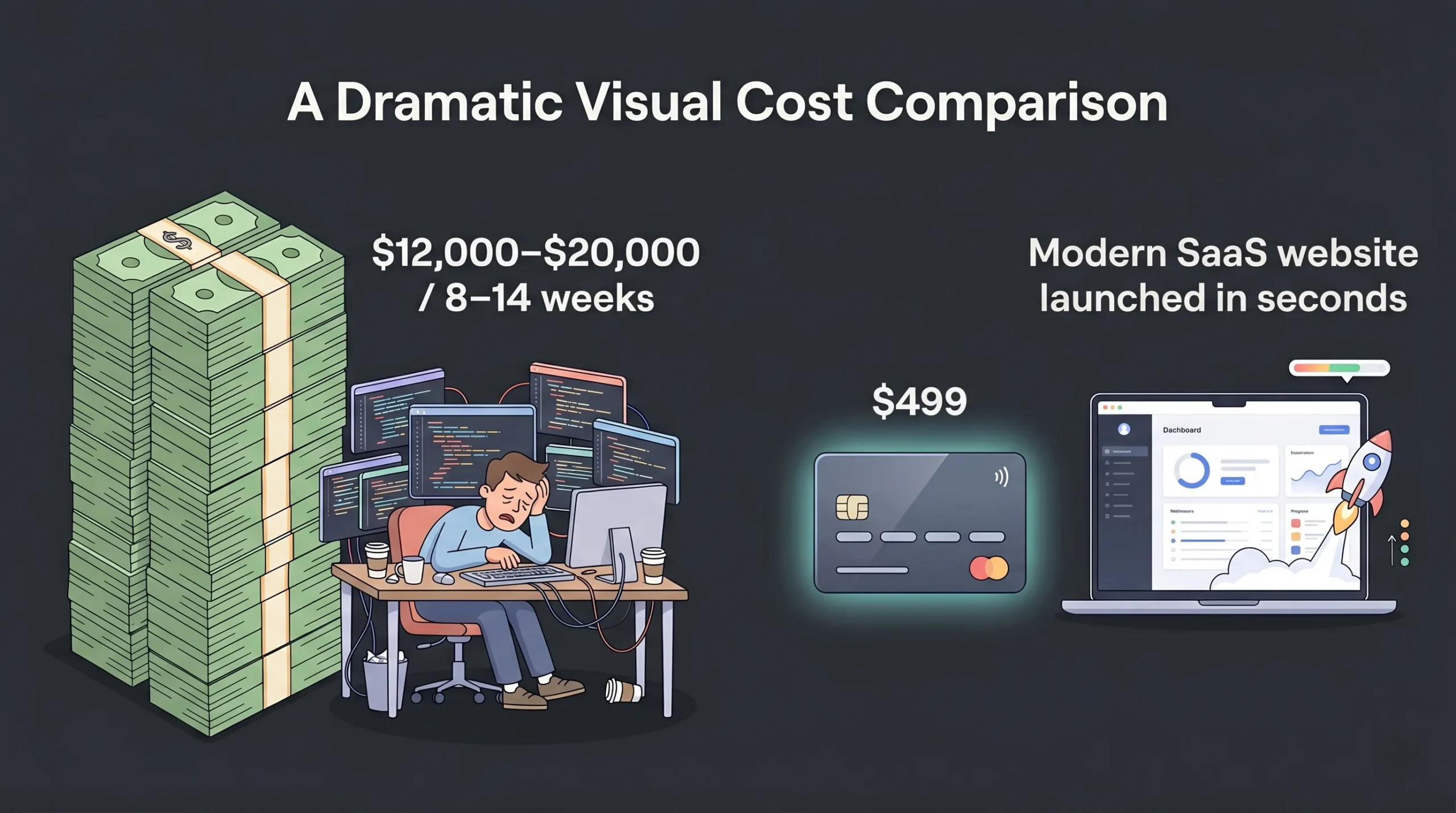 Cost comparison between a custom-coded 3D website costing up to $20,000 and an AI-built alternative at a fraction of the price, highlighting the savings of modern 3D website builders.