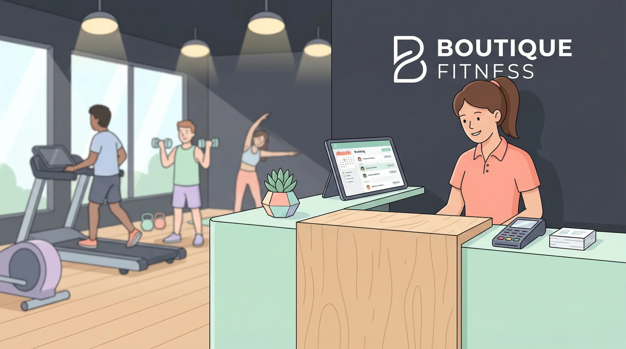 The text in the illustration is quite minimal. The main signage on the dark charcoal wall behind the reception desk prominently reads "BOUTIQUE FITNESS." On the counter, the tablet screen displays the word "Booking" at the top, accompanied by small, illegible placeholder lines that simulate a scheduling interface.