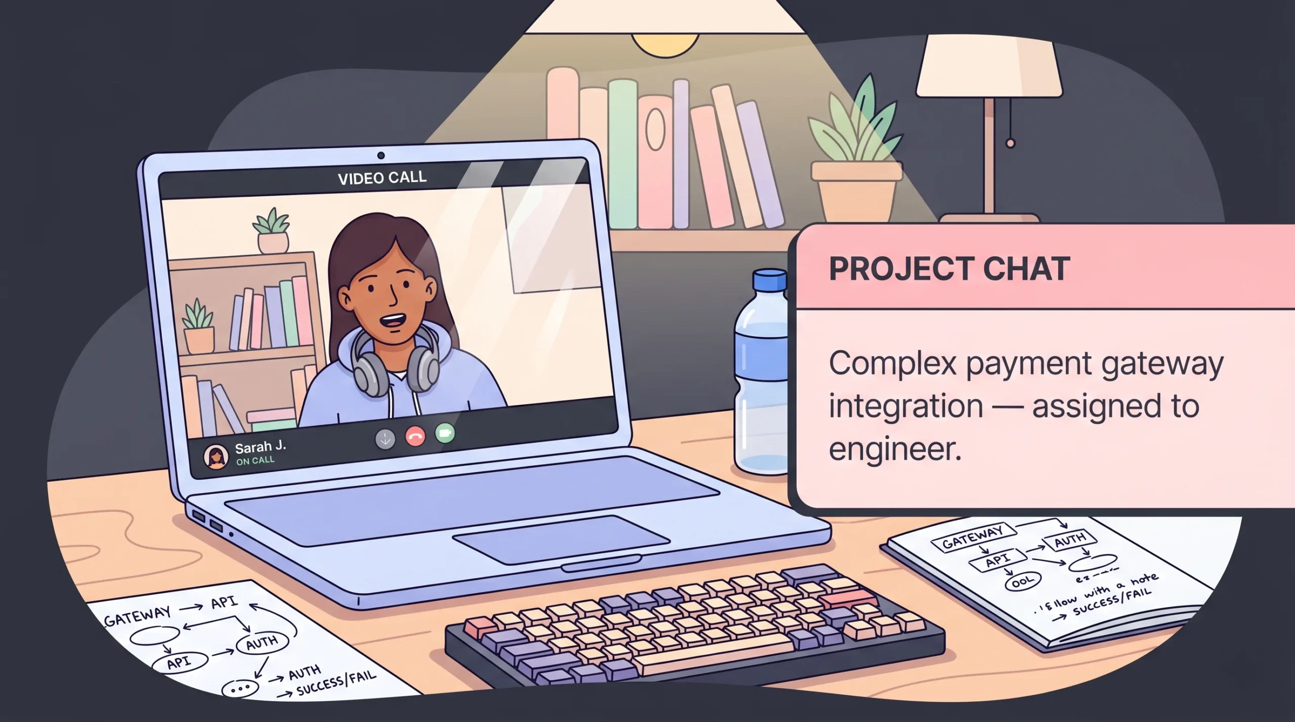 A developer visible on a laptop video call screen wearing a casual hoodie with headphones around their neck, while a task assignment chat UI in the foreground shows a complex payment gateway integration assigned to an engineer.