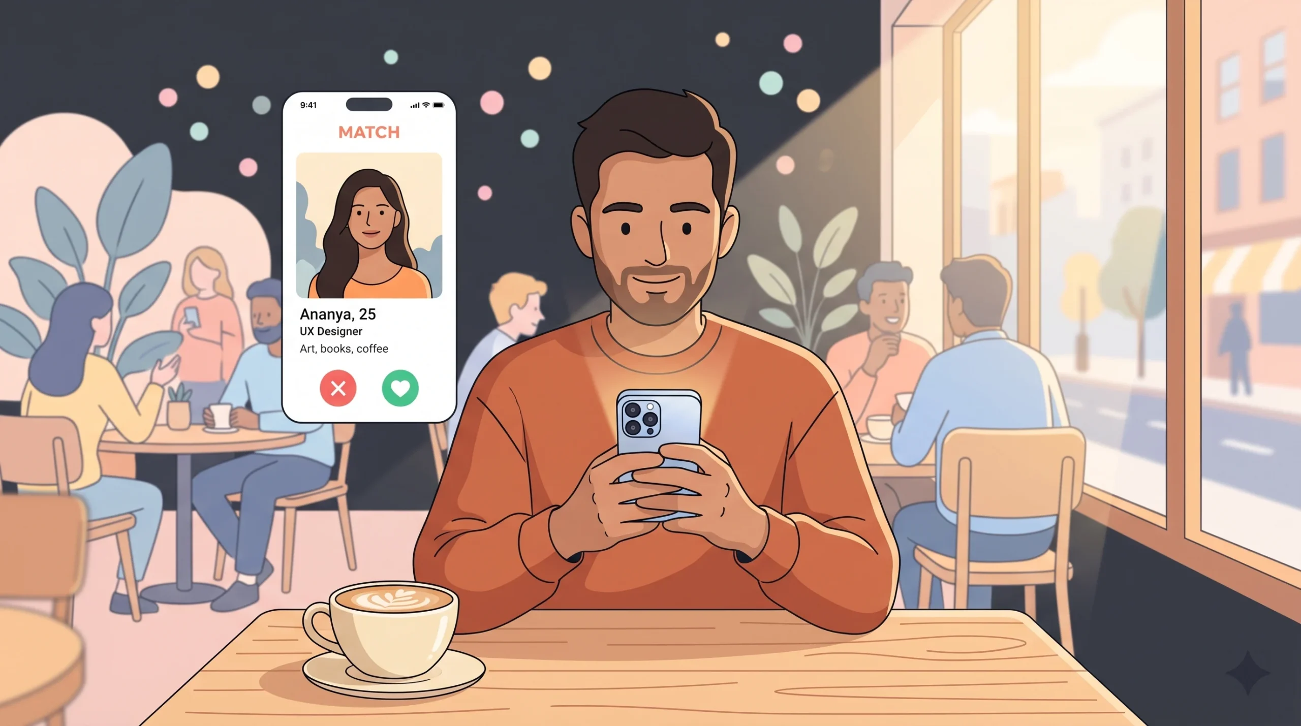A young South Asian man in his late 20s scrolling through a dating app on his iPhone at a sunlit café table, a latte blurred in the foreground, representing modern online dating in 2026.