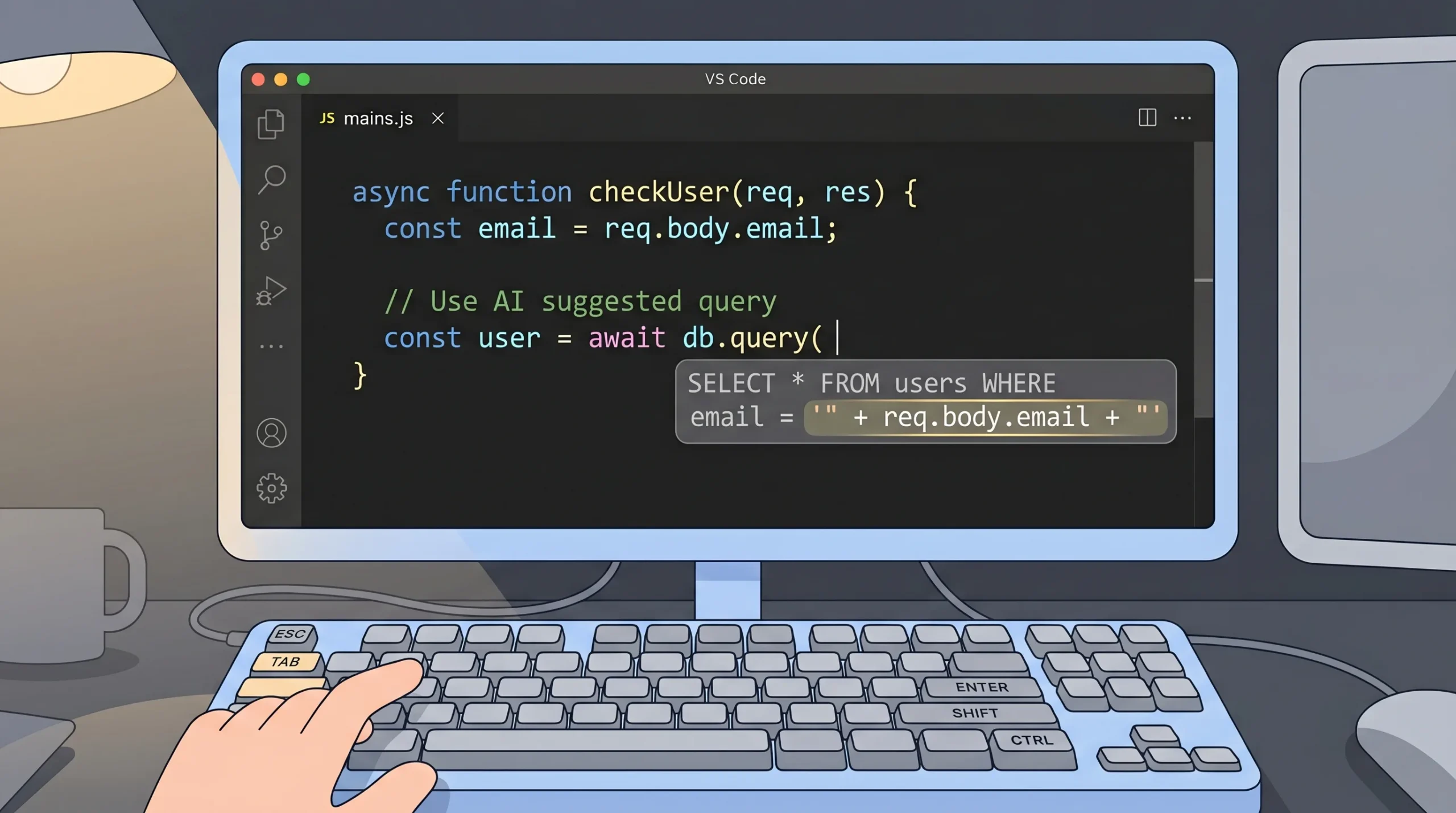 A developer sits alone at night staring at a laptop screen showing a data breach alert, face illuminated by cold blue screen glow in a dark room.
