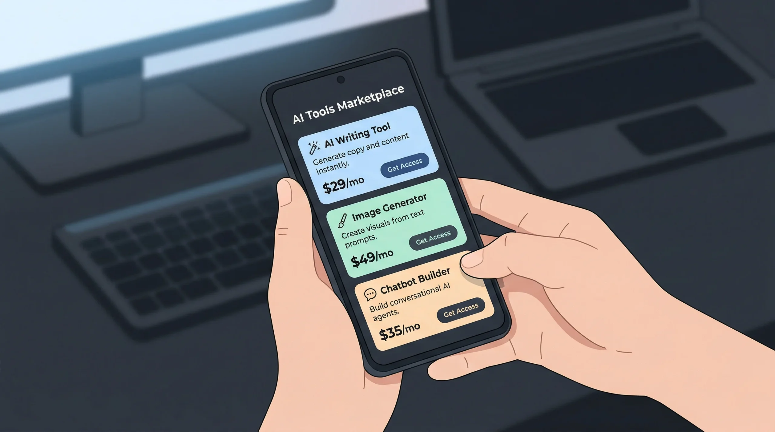 The phone screen displays an "AI Tools Marketplace" featuring three software listings, each with a "Get Access" button. The top card is an "AI Writing Tool" to "Generate copy and content instantly." for $29/mo. Below it is an "Image Generator" used to "Create visuals from text prompts." for $49/mo. The bottom card is a "Chatbot Builder" designed to "Build conversational AI agents." for $35/mo.