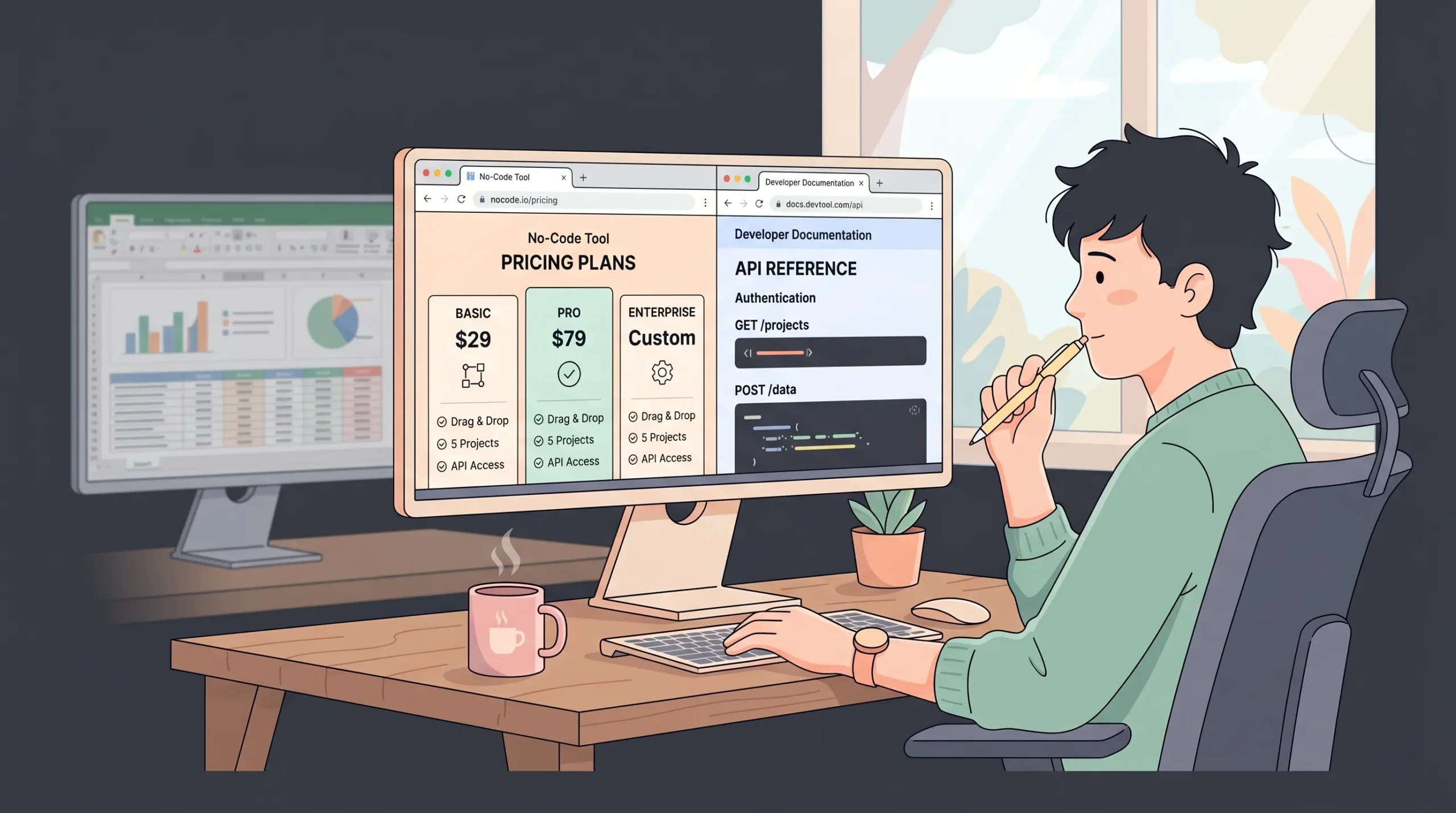 Person at a desk comparing two browser tabs side by side one showing a no-code tool pricing page, the other showing developer documentation