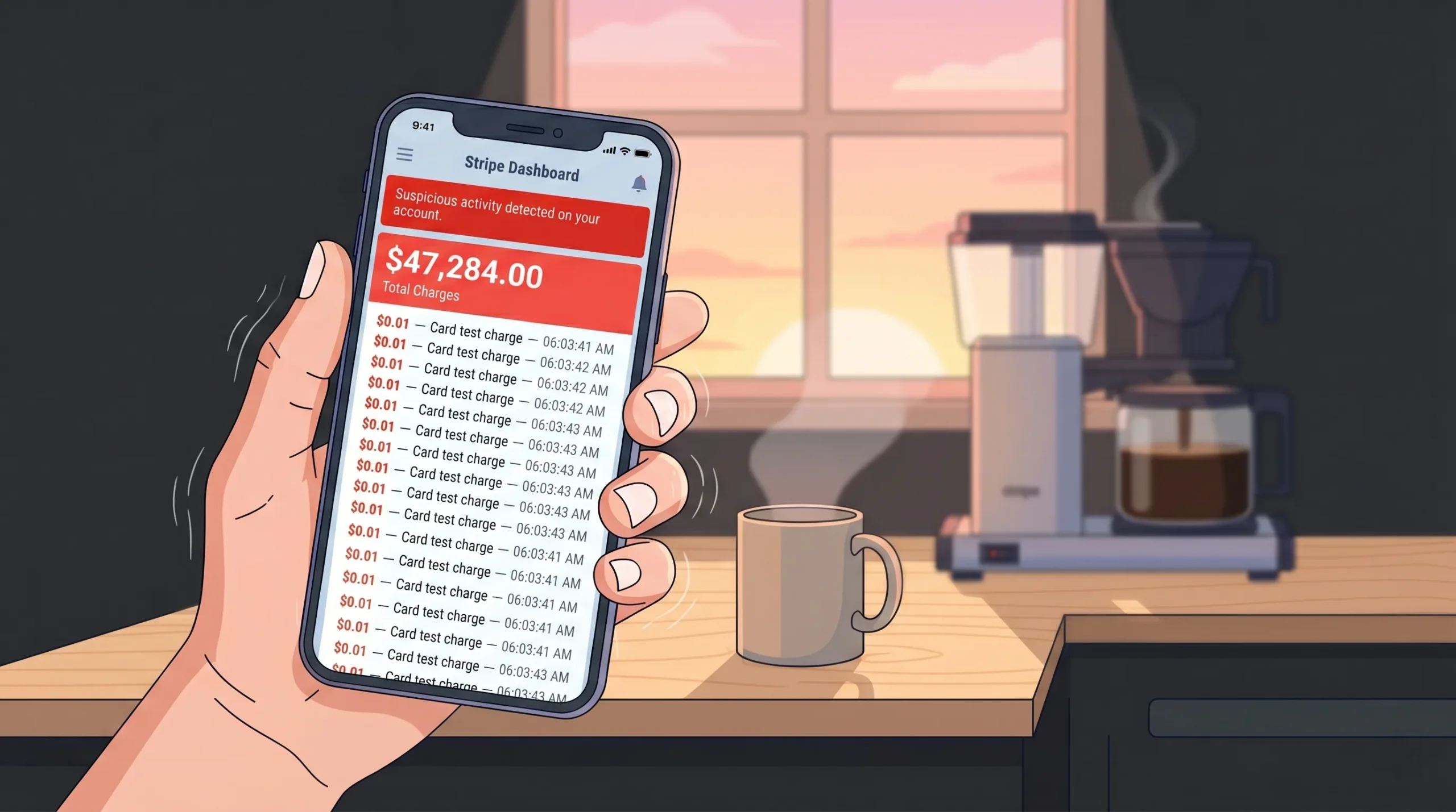 Terminal screen showing database deletion commands having run successfully, a developer's hands frozen on the keyboard in shock, coffee spilled on the desk beside them.