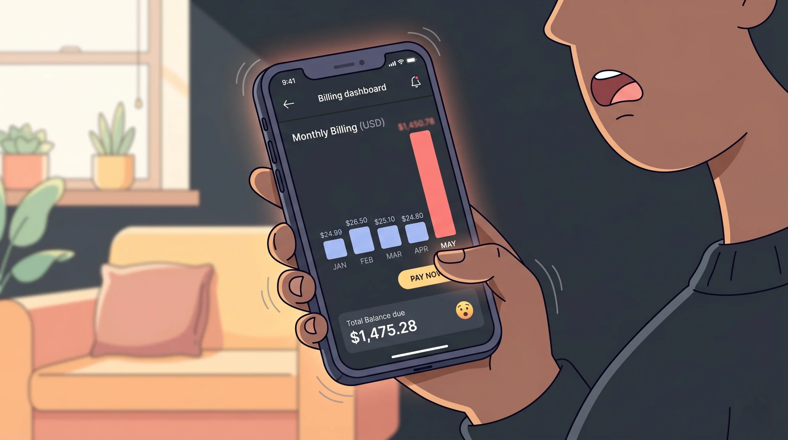 A person in shock holding a phone showing a massive unexpected billing spike on their cloud provider dashboard