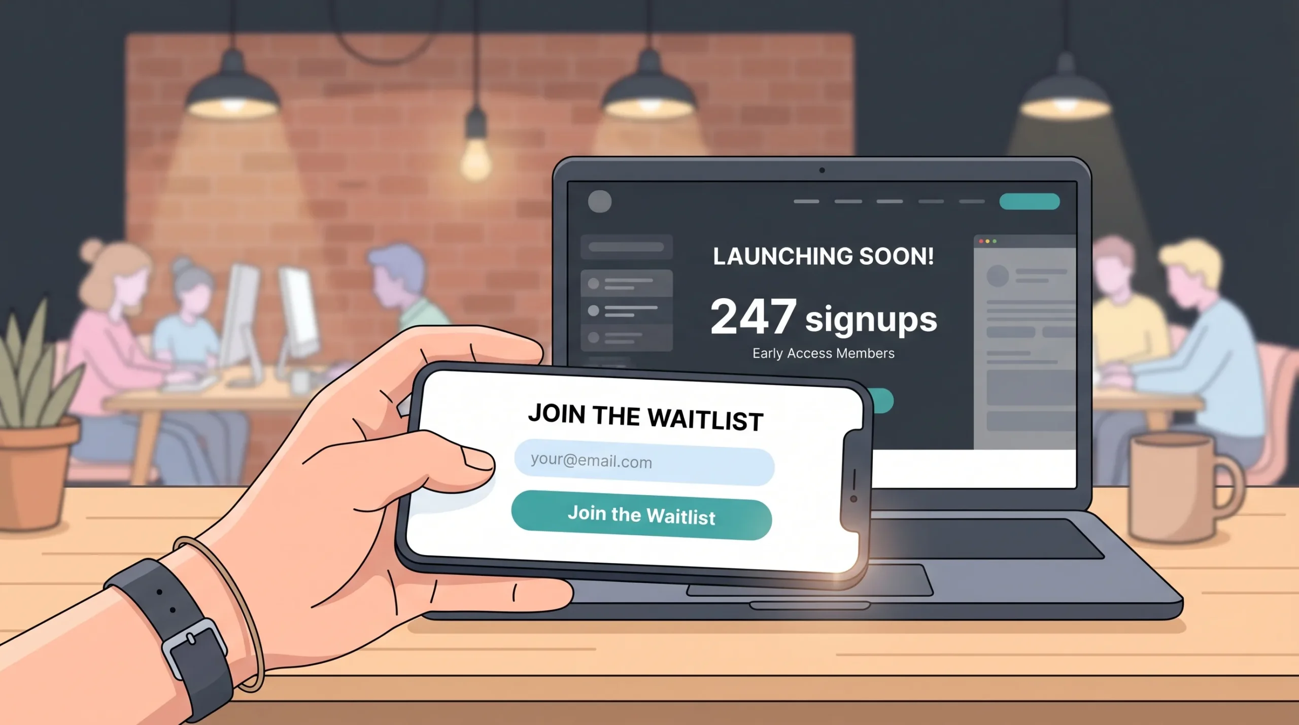 A person holding a phone showing a waitlist sign-up form in front of a laptop displaying two hundred and forty-seven signups, in a co-working space, illustrating a pre-launch waitlist strategy for a niche dating app.