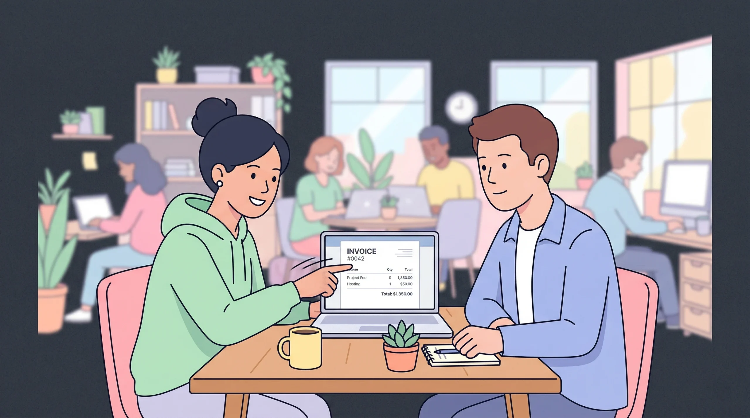 Two people discussing an invoice together.