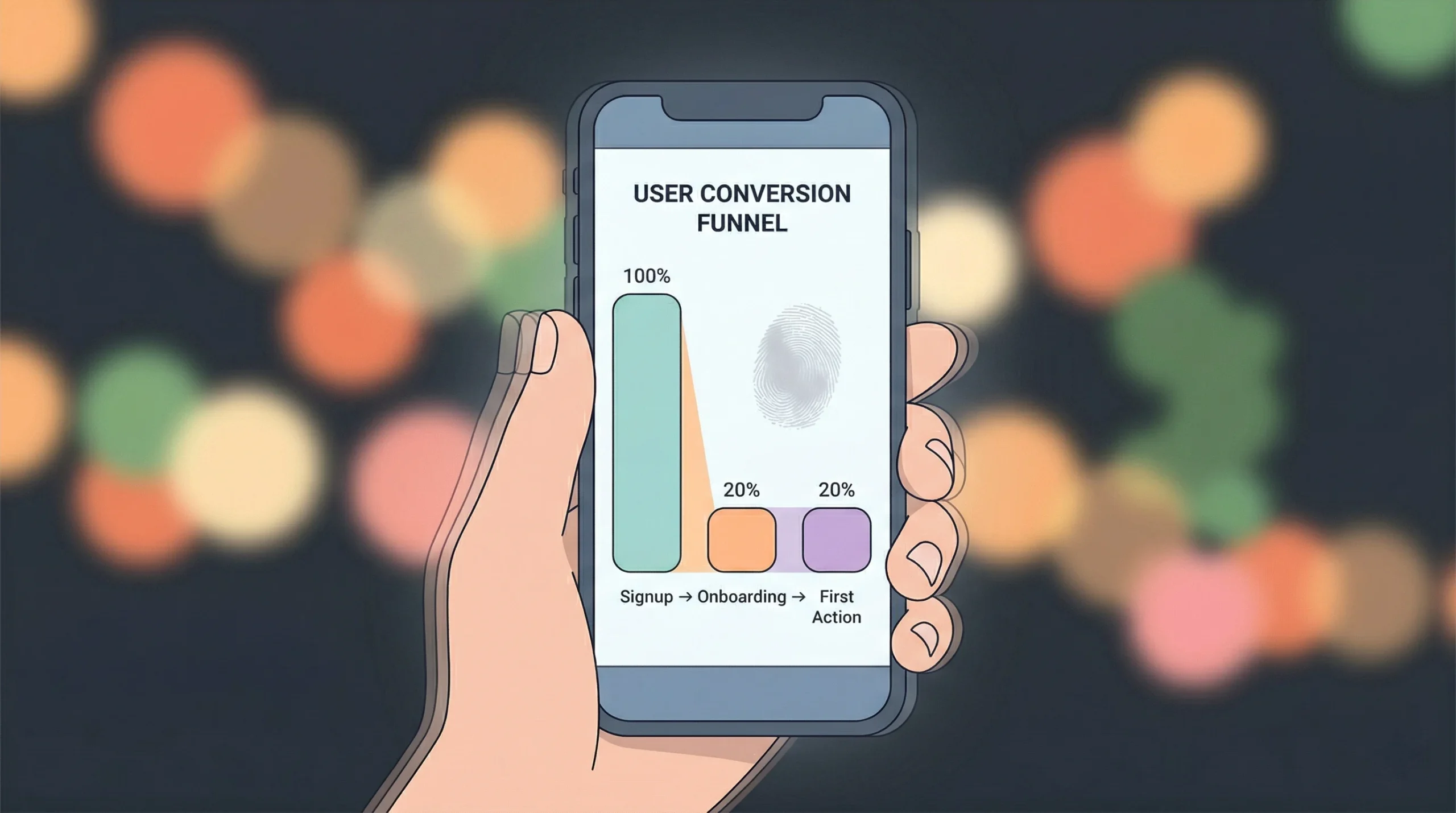 A hand holds a smartphone displaying a 'User Conversion Funnel' chart with three distinct steps and data points of 100%, 20%, and 20%.