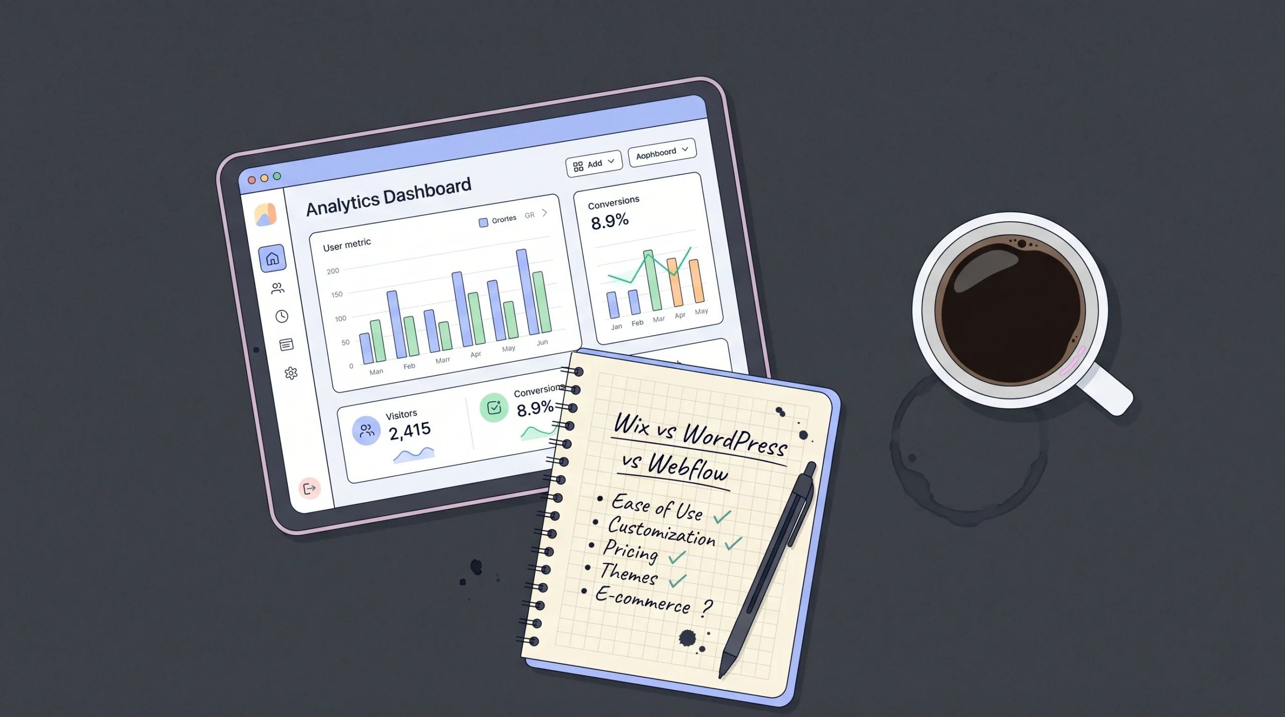 Flat lay of a tablet with website analytics alongside handwritten notes comparing website builders