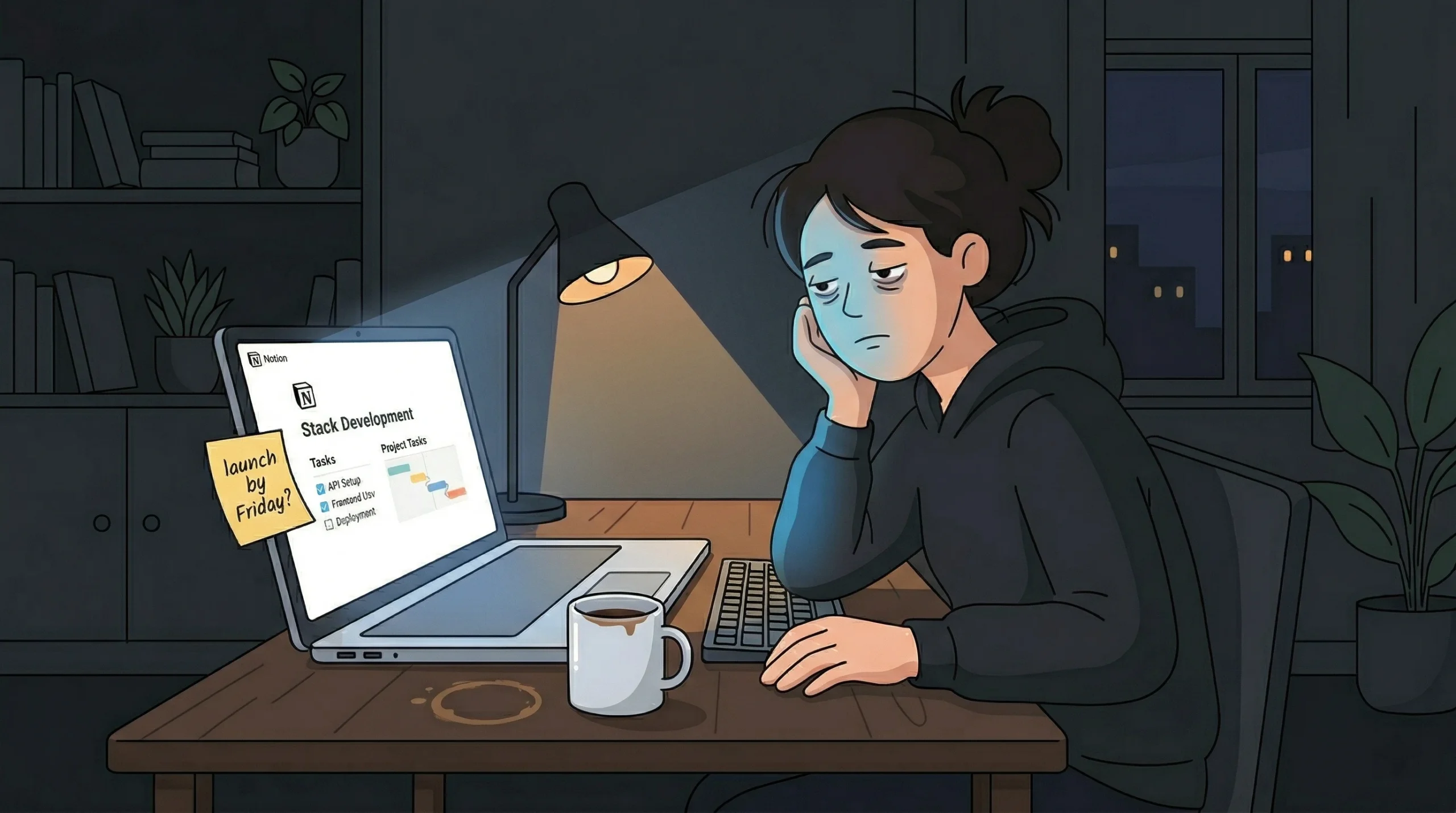 llustration of an exhausted woman working late at night on a laptop, with a "launch by Friday?" sticky note on the screen and a spilled mug of coffee.
