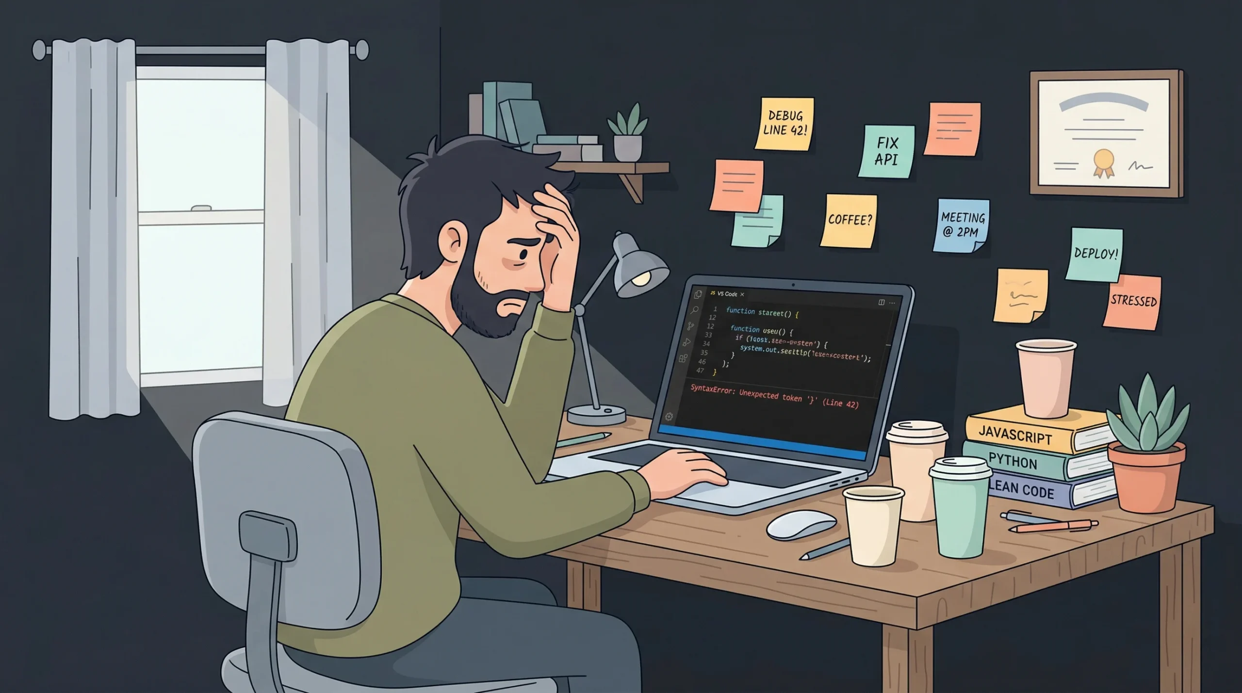 A frustrated young founder staring at a laptop screen showing a code error, sitting at a cluttered home office desk with empty coffee cups, representing the Day 2 problem in AI app building