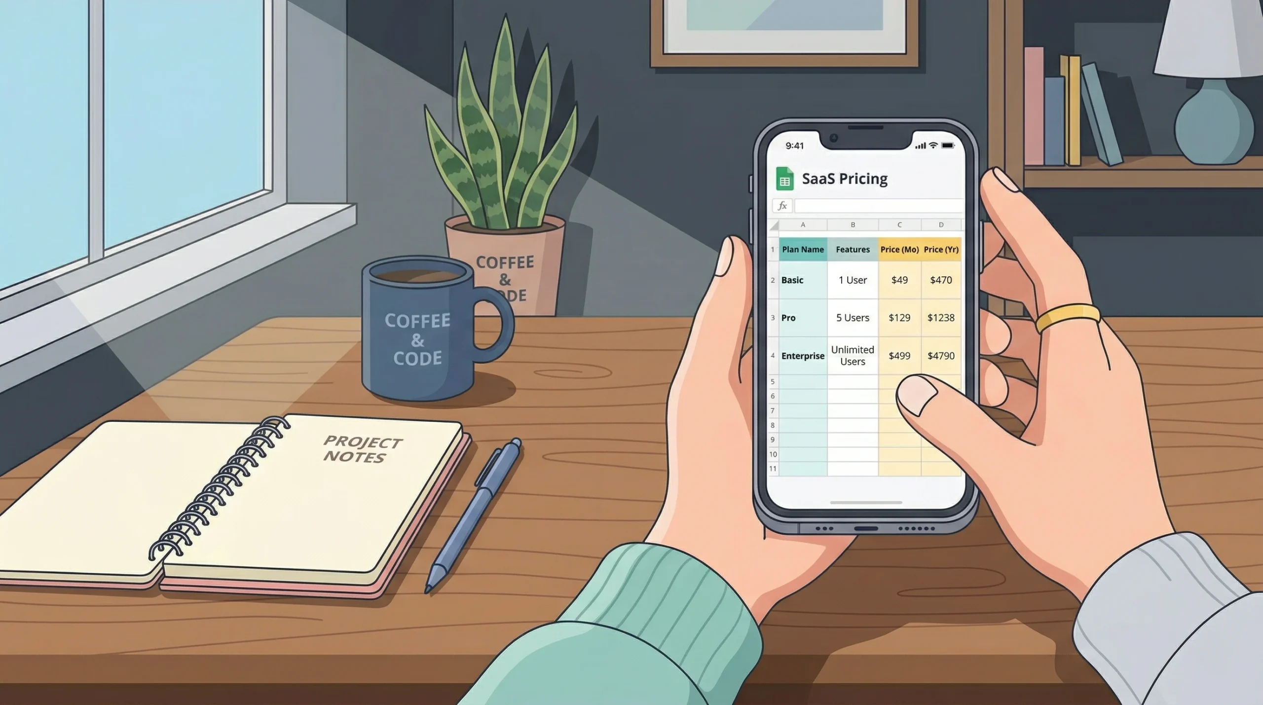 Person using phone with pricing table