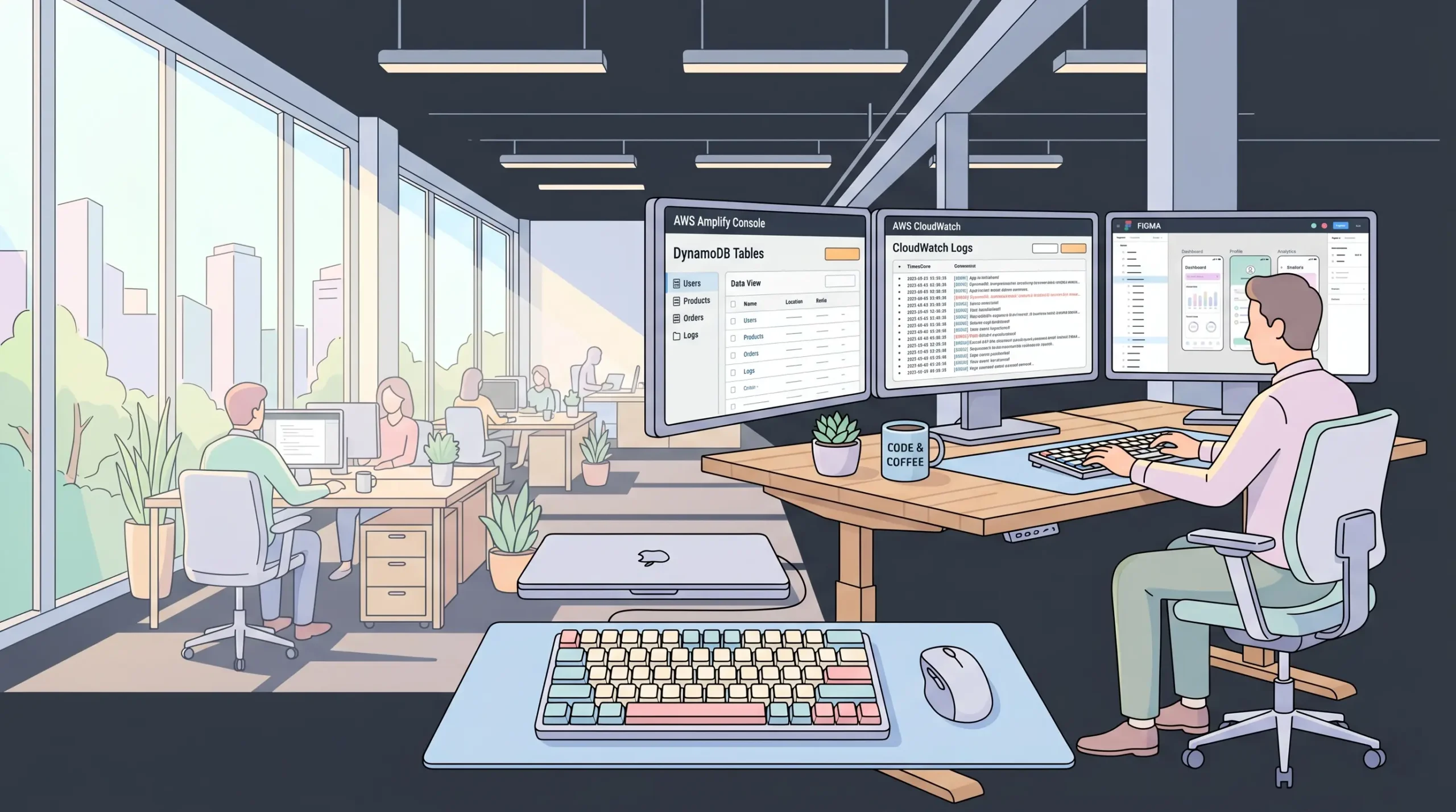 Enterprise developer using AWS Amplify console with DynamoDB and CloudWatch on multiple monitors