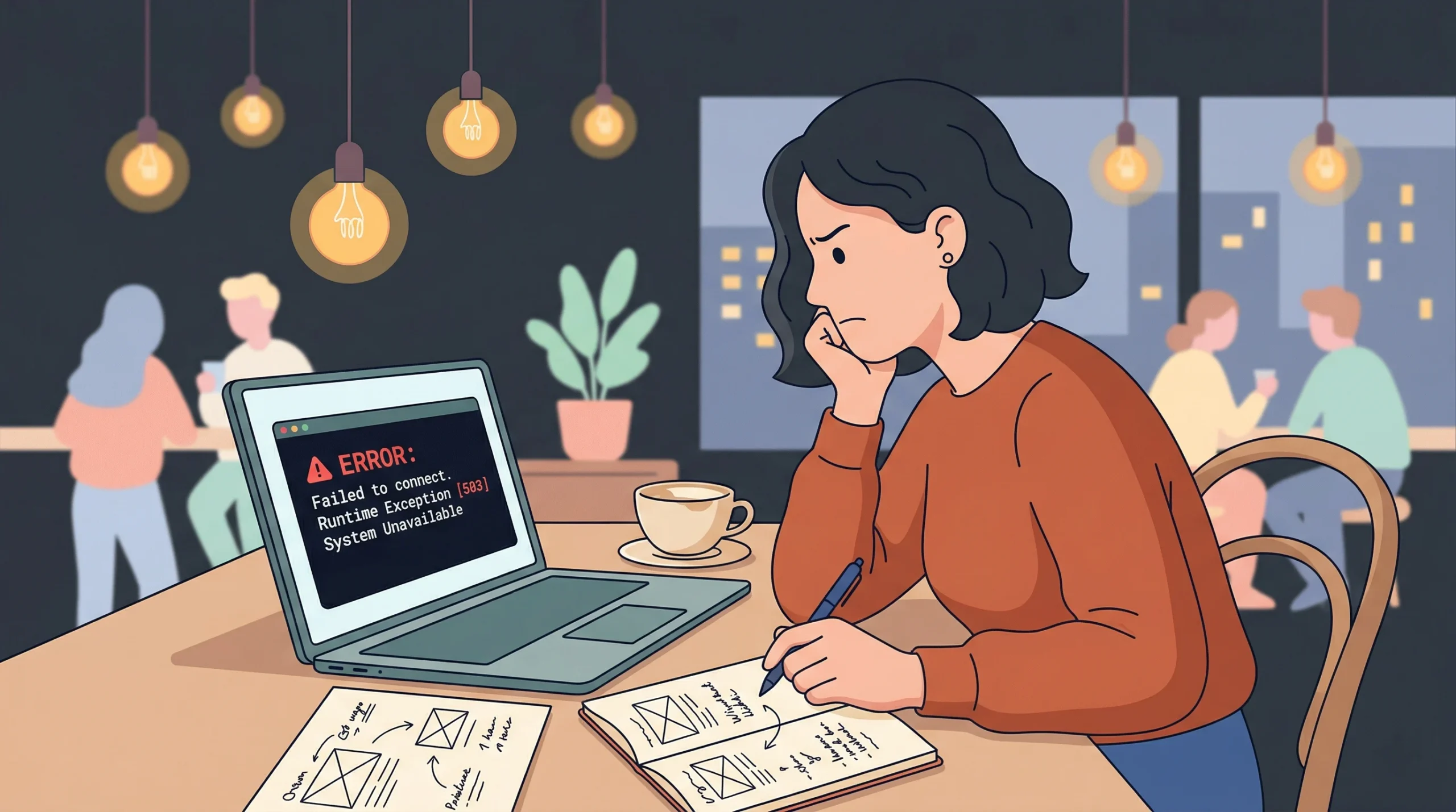A flat illustration of a frustrated woman at a café, staring at a red error message on her laptop while holding a pen over a notebook.