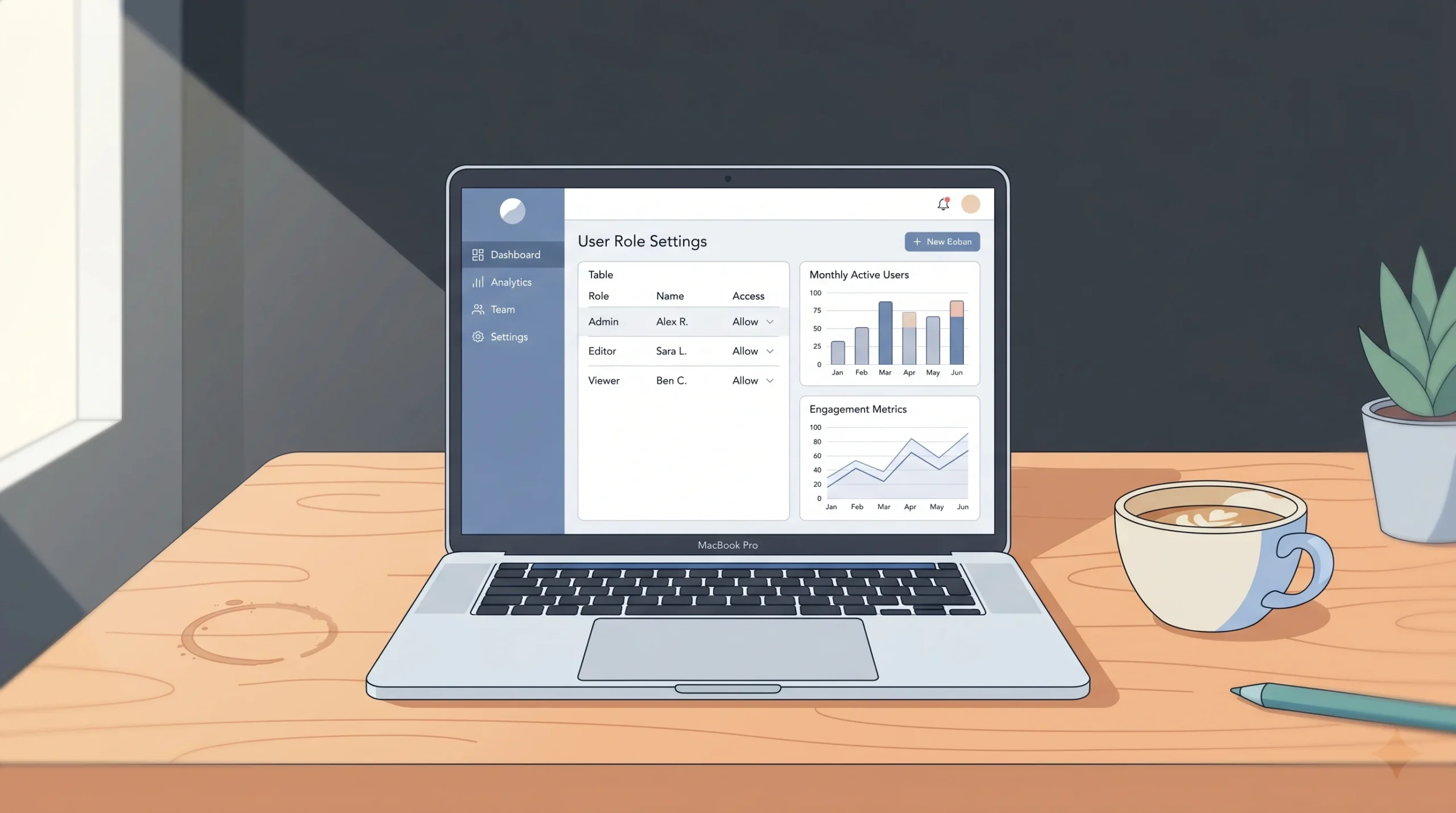 A MacBook Pro on a wooden office desk displaying a SaaS dashboard with user role settings and analytics graphs, beside a ceramic coffee cup, in soft natural window light.