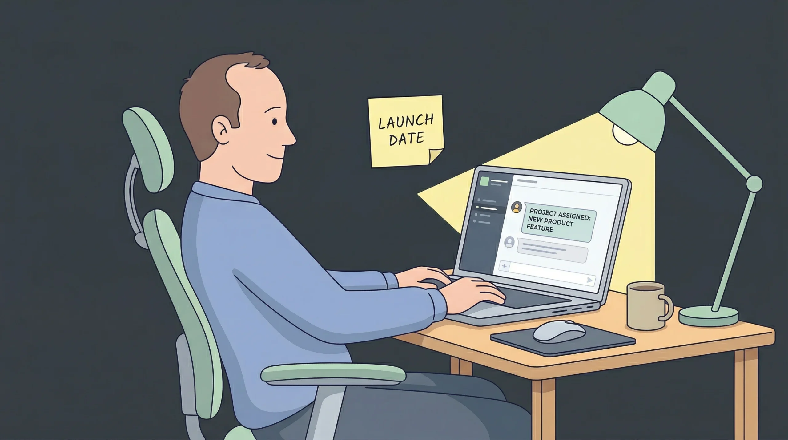 A man at a desk smiling at his laptop with a new project assignment and a "LAUNCH DATE" sticky note on the wall.