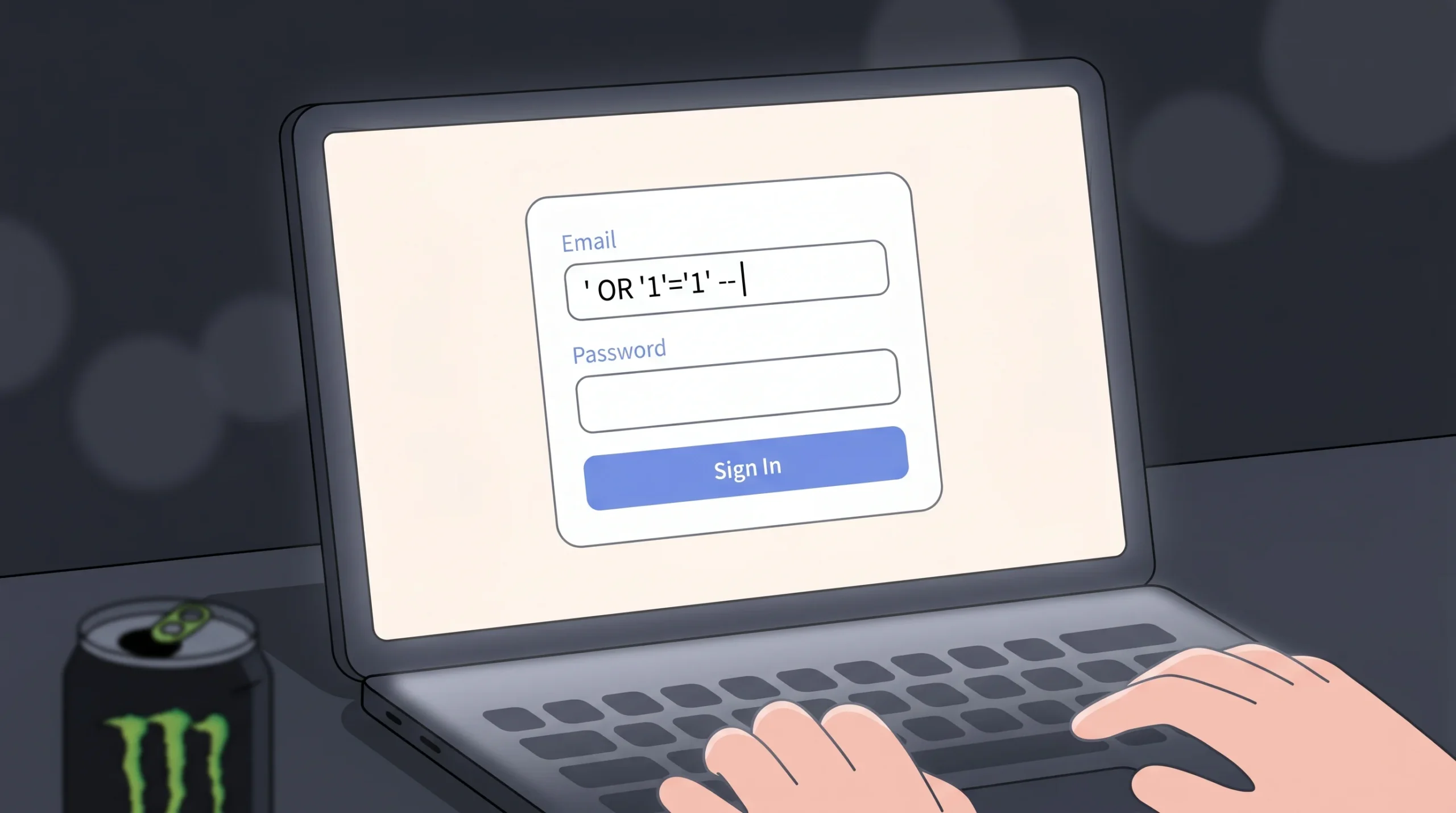Login form on a web app with a classic SQL injection string typed into the username field, cursor blinking at the end of the malicious input.