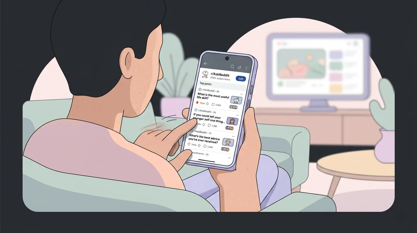 Person scrolling through Reddit on their phone while sitting on a couch, forum threads visible on screen