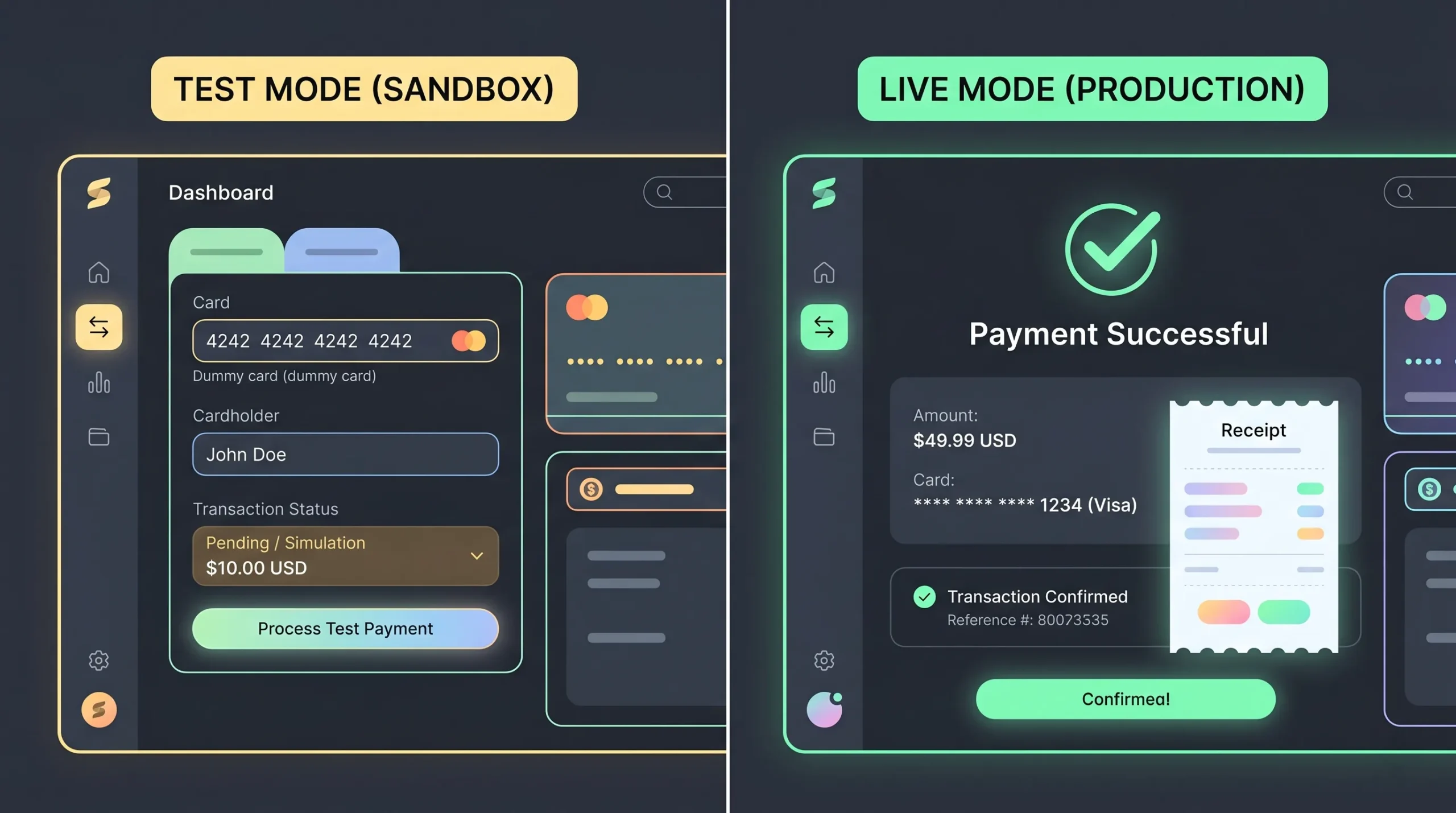 Stripe test mode vs live mode comparison showing API keys and payment environments