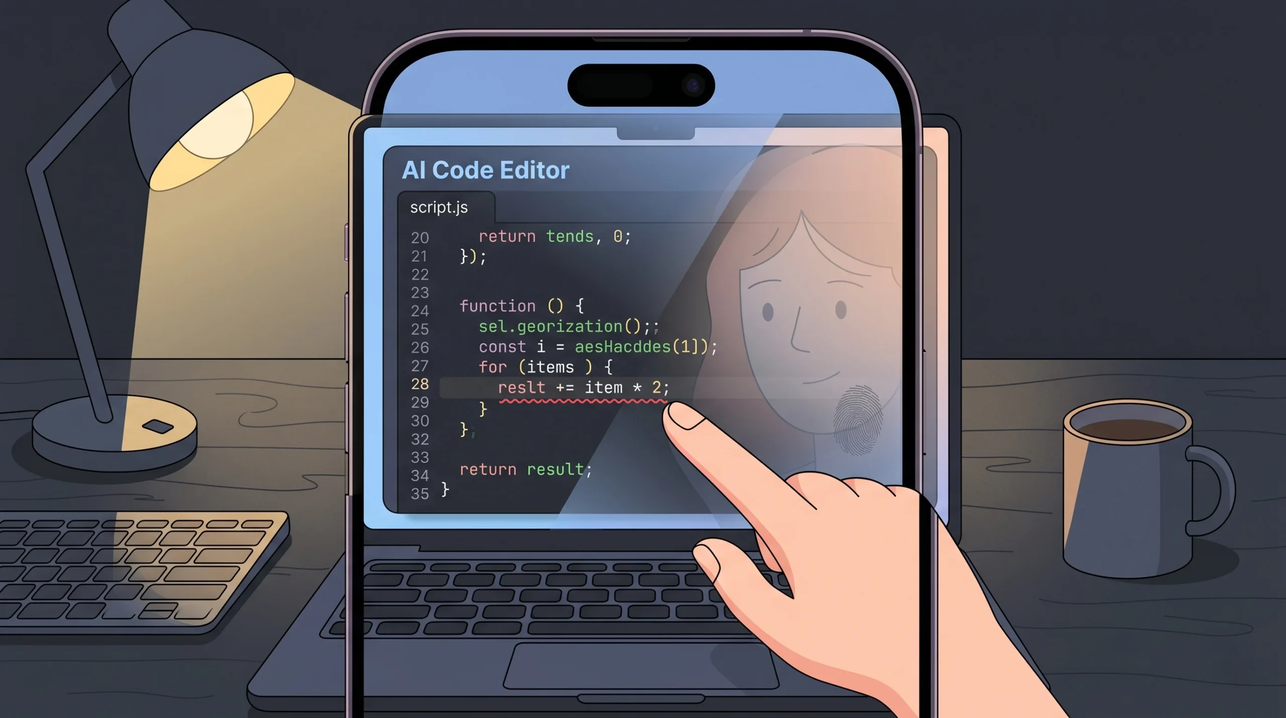 Laptop screen showing AI-generated JavaScript code with a red squiggly underline highlighting an error, person's finger pointing at the issue