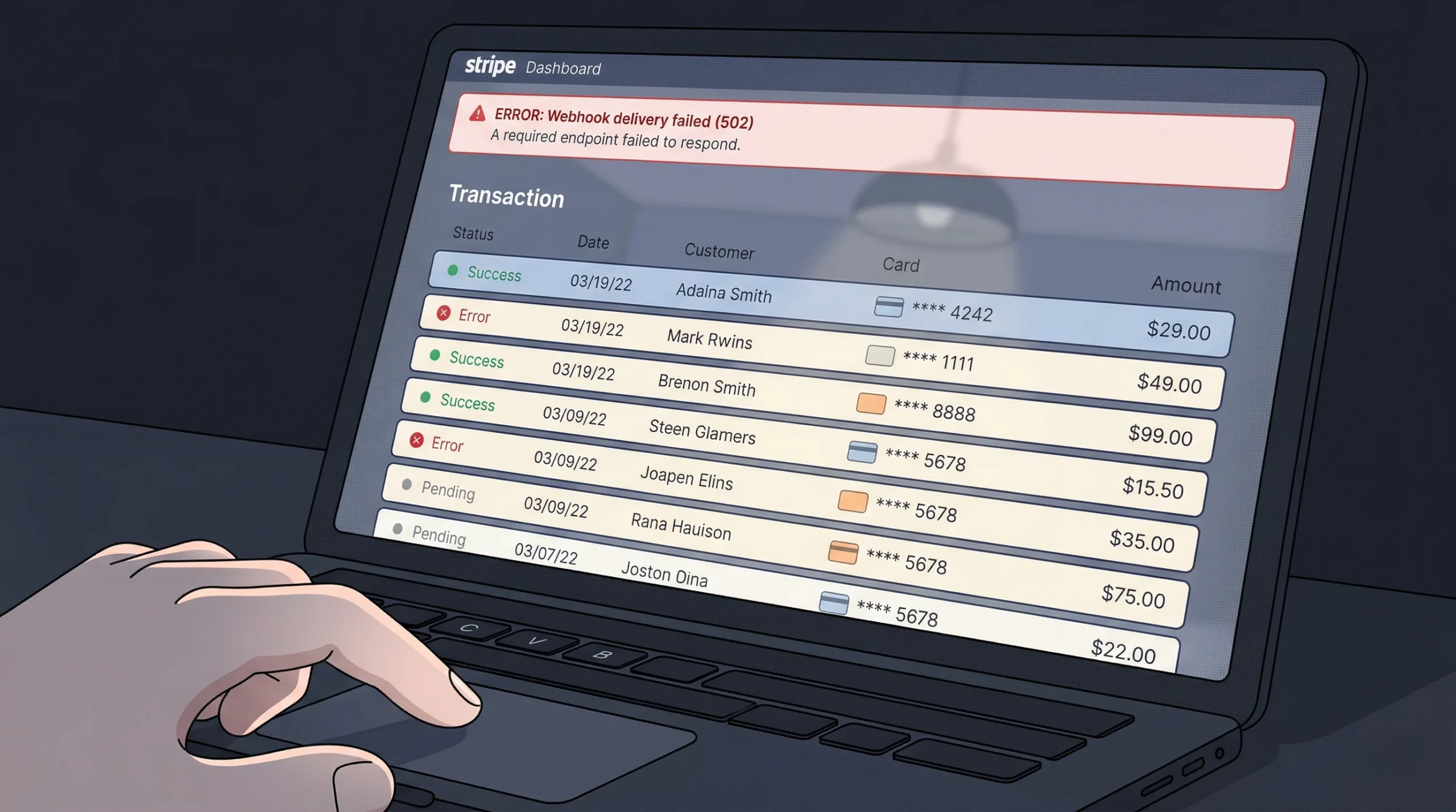 An illustration of a laptop displaying a Stripe dashboard with a red "Webhook delivery failed (502)" error banner above a list of transactions.