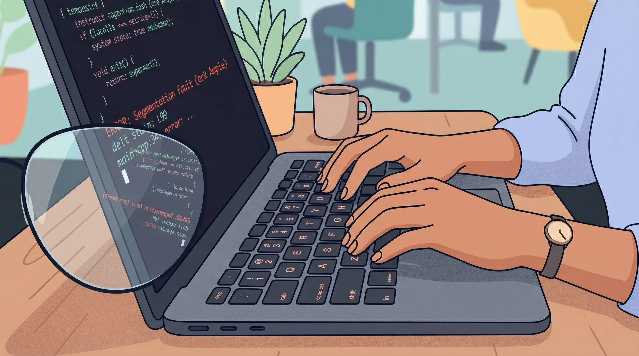 Close-up of hands typing on a laptop keyboard with a terminal window showing red error text on screen, illustrating why AI-generated prototypes fail to reach production