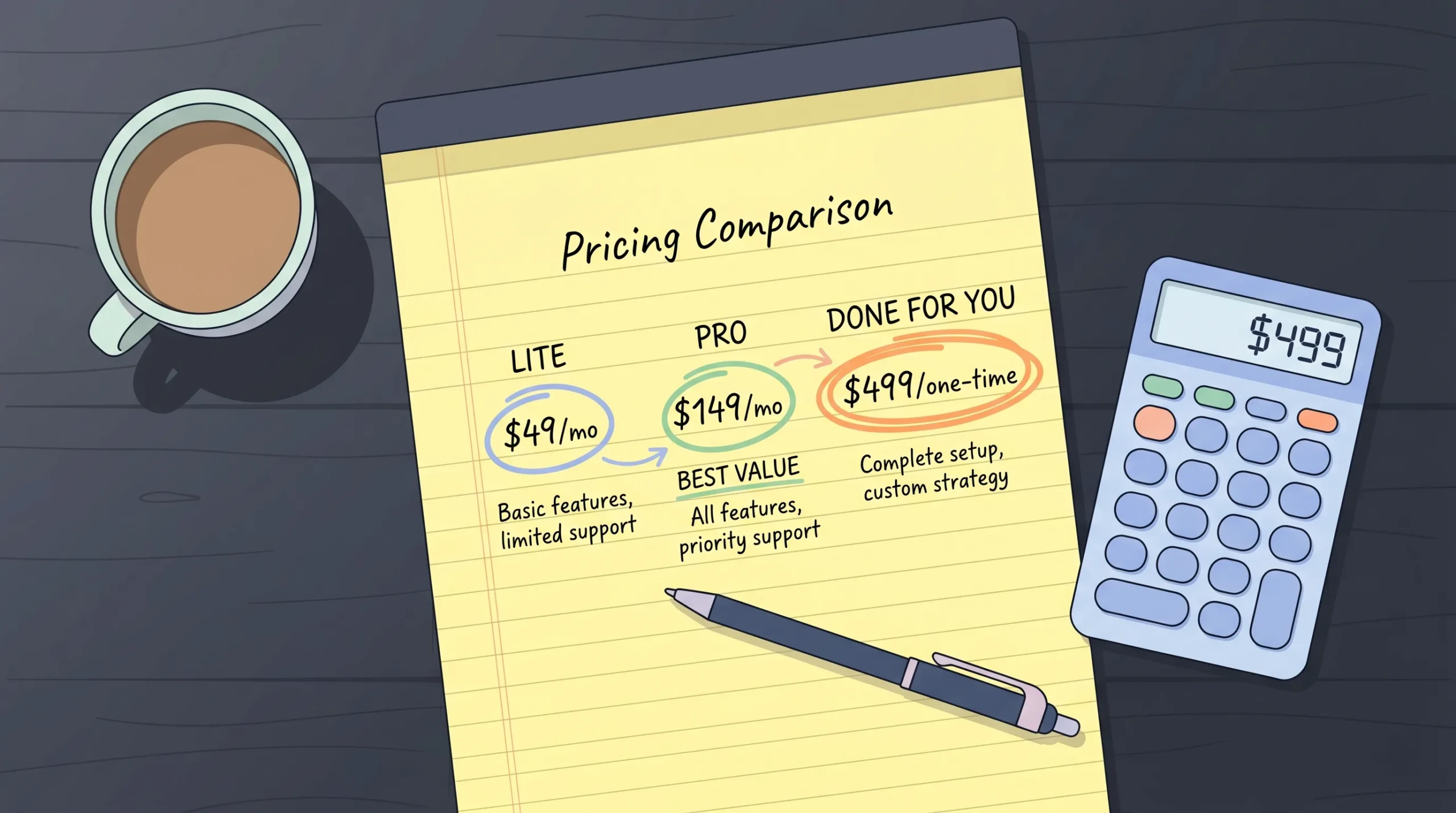 Flat-lay overhead shot of a handwritten pricing comparison table on a yellow legal pad showing Lite, Pro, and Done For You columns with circled dollar amounts, a calculator displaying $499, and a ballpoint pen resting across the page