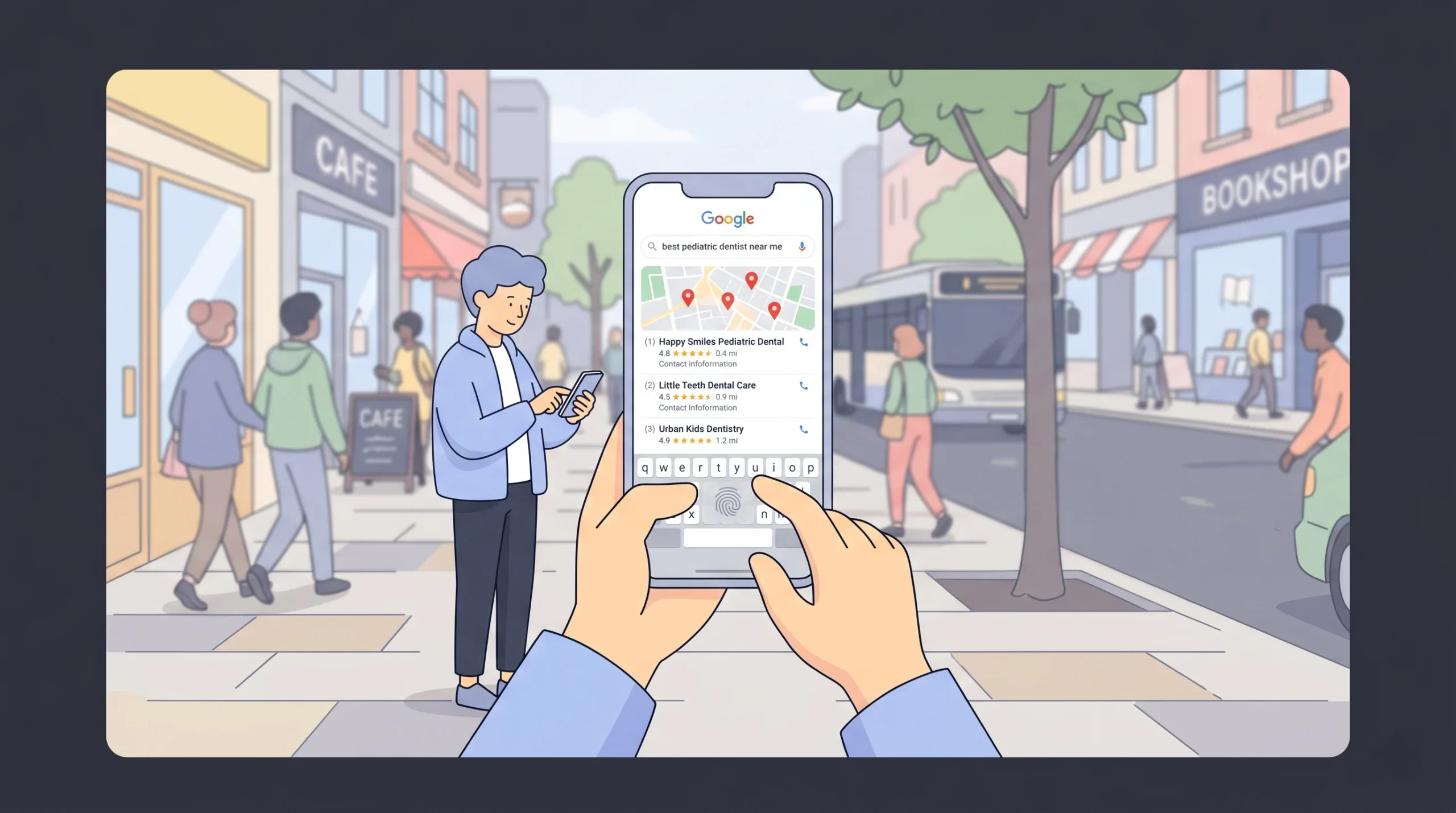 Person searching for a nearby doctor on Google Maps on their smartphone on a city street