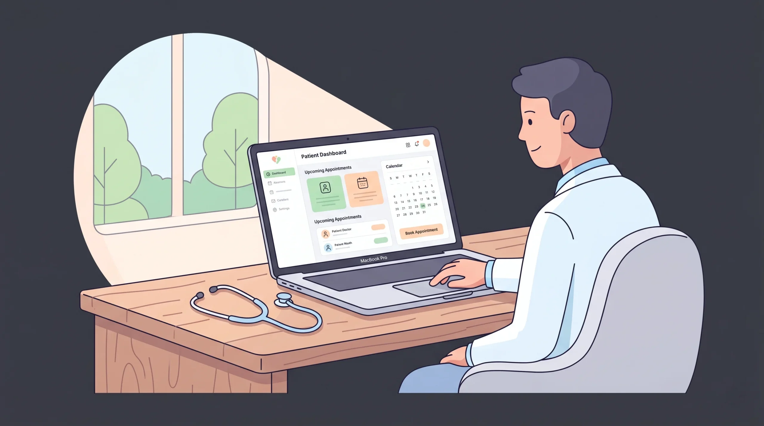 A doctor reviewing a medical practice website on a laptop in a clinic office.